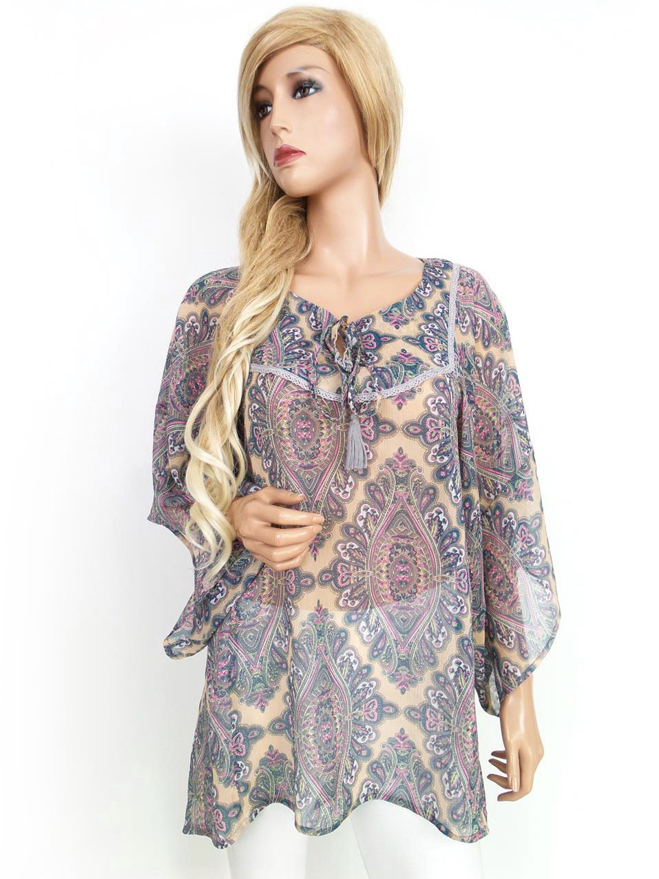 Saint tropez Stl M Damast Paisley Rund urringning Tunika blus ärm 3/4 Material Bomull 100%