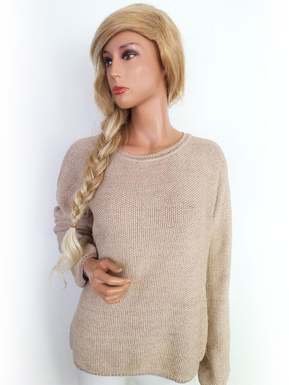 Donna Stl XL Färg Beige Rund urringning Tröja Långärmad Material Bomull Grovstickat