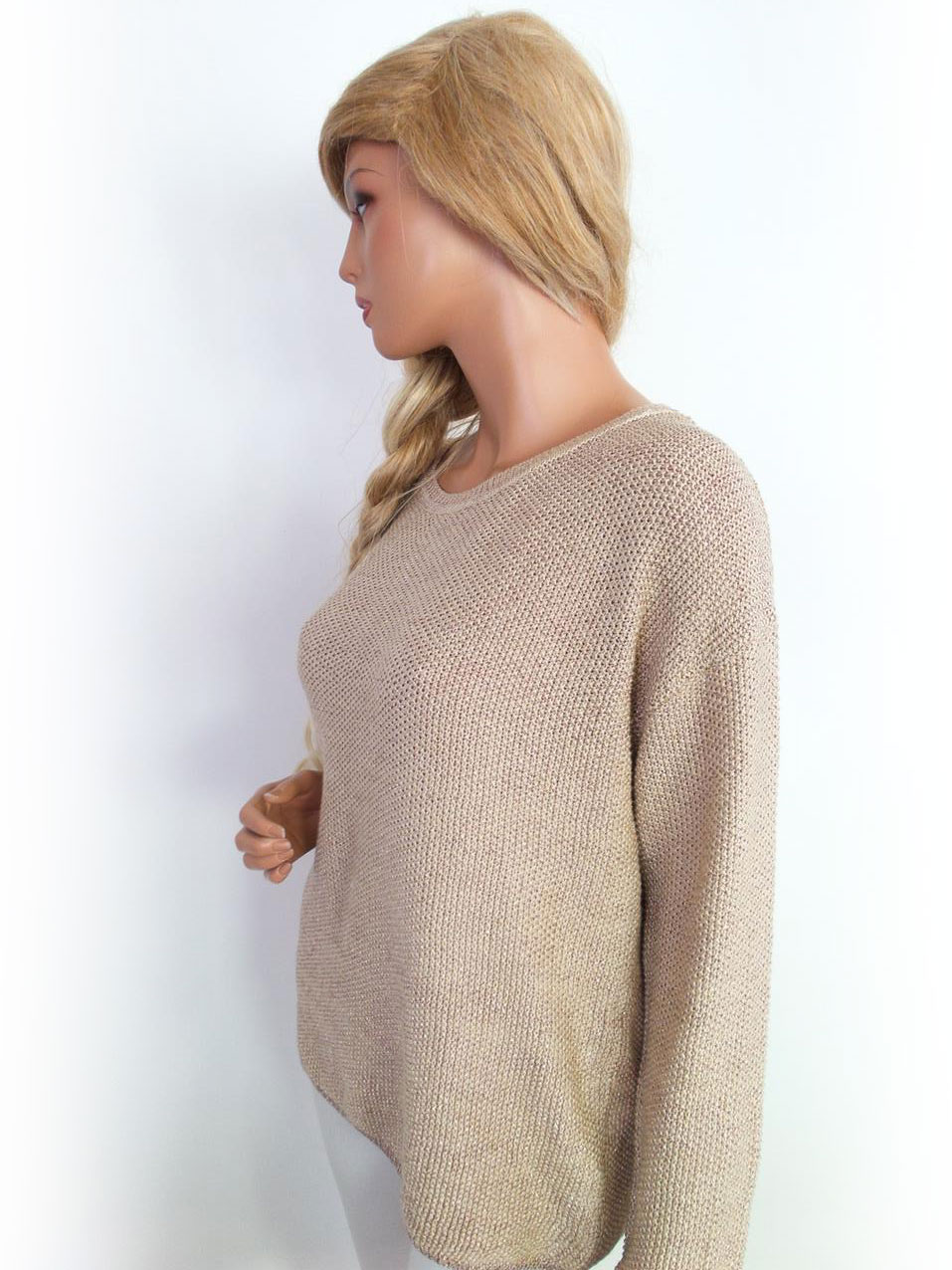 Donna Stl XL Färg Beige Rund urringning Tröja Långärmad Material Bomull Grovstickat