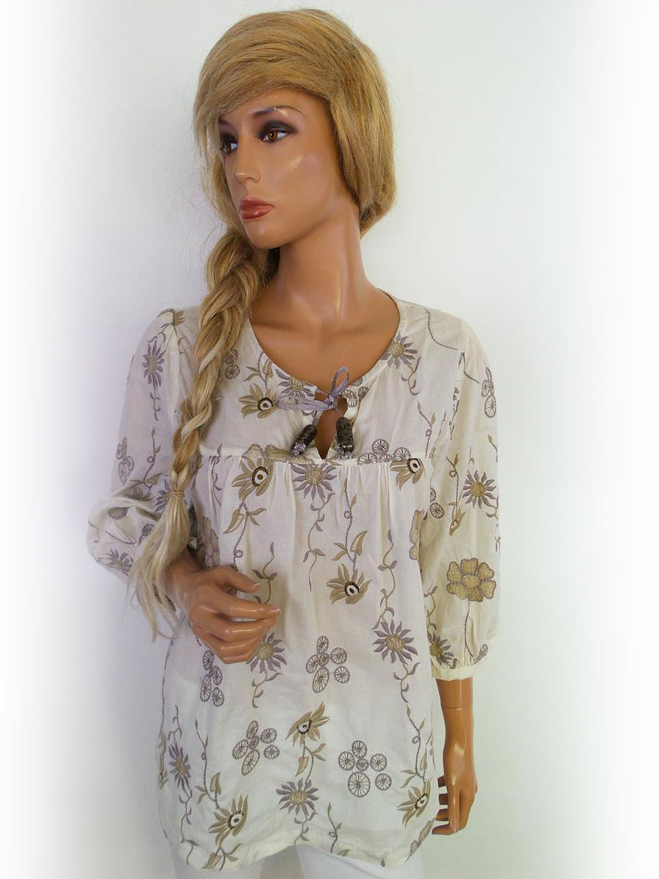 Staff Stl S Färg Beige Rund urringning Tunika blus ärm 3/4 Material Bomull 100%