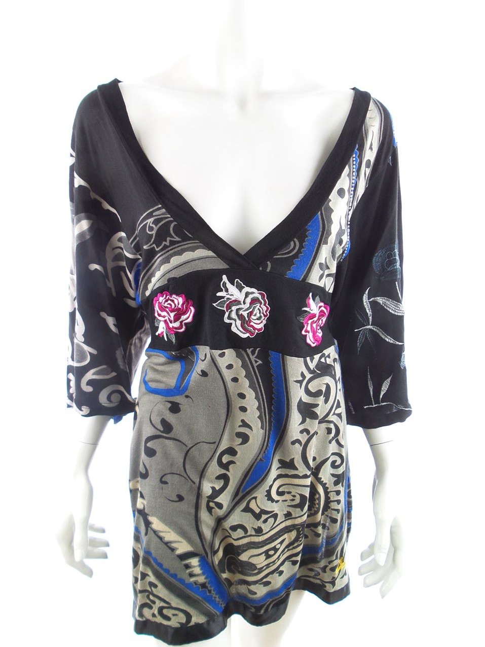 DESIGUAL Stl XS Färg Svart Paisley V-ringning Mini Klänning ärm 3/4 Kort