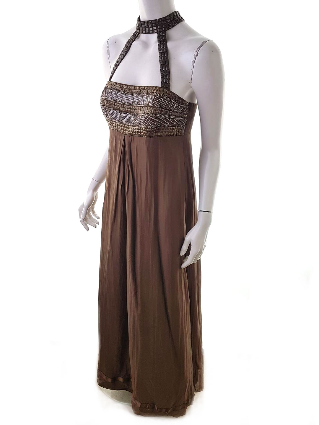 Monsoon Stl 40 Färg Brun Halter Maxi Klänning Ärmlös Lång Material Siden 100%