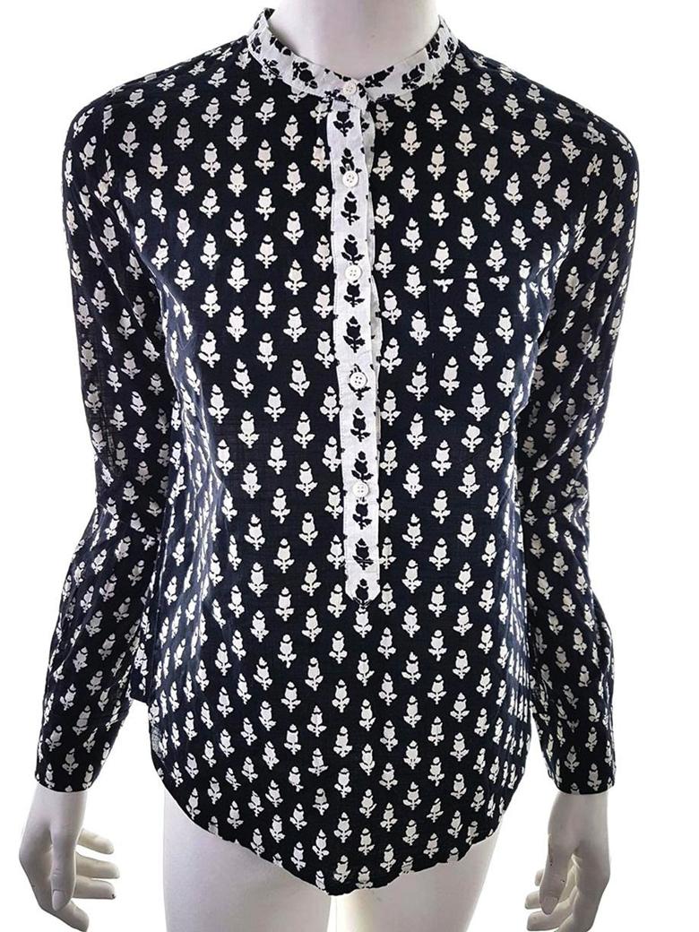 J.Crew Stl 4 Färg Svart Floral Blad Krage Popover Blus Knappar Långärmad Material Bomull 100%