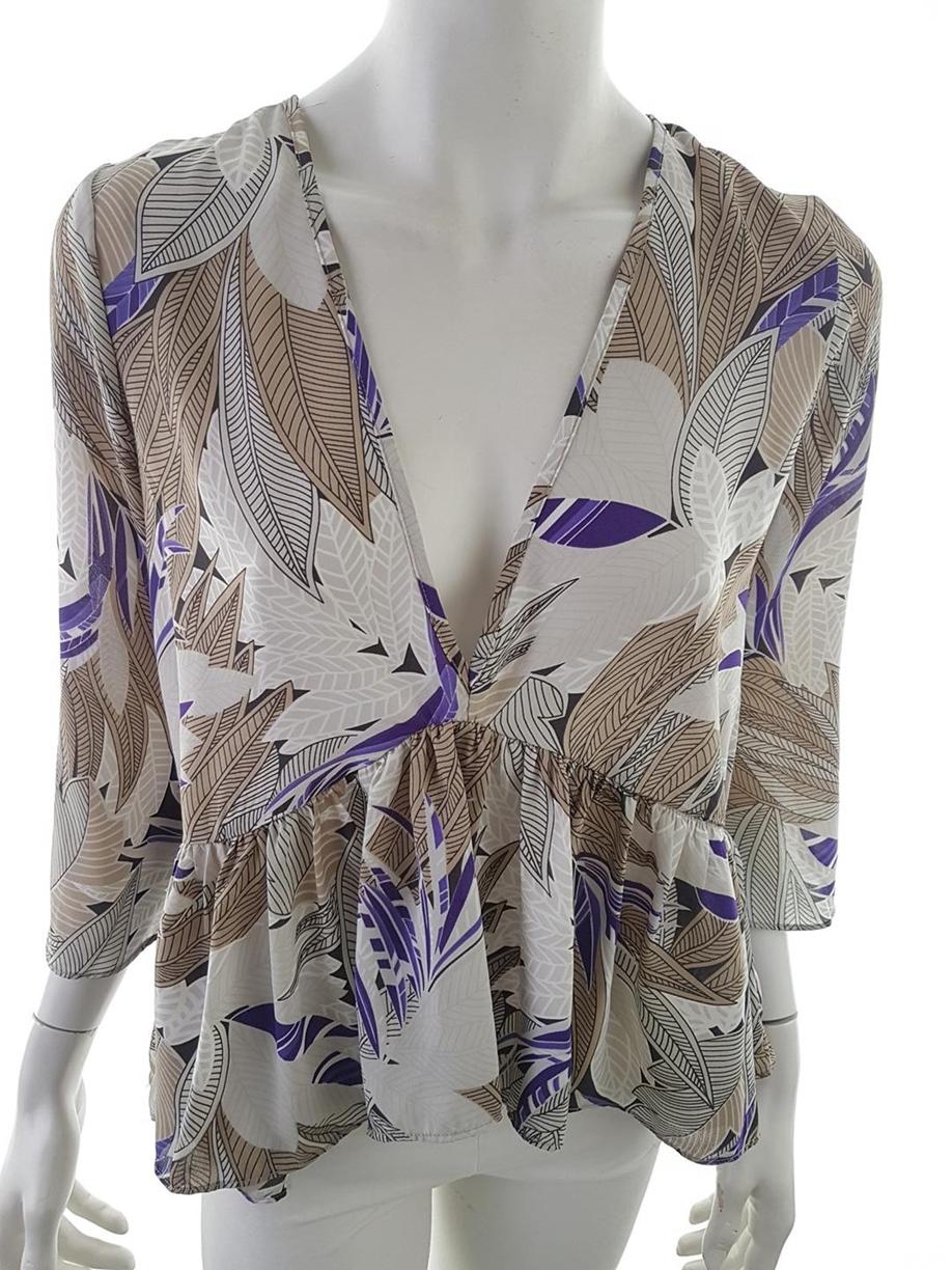 BIK BOK Stl S Färg Beige Floral Blad V-ringning Blus ärm 3/4