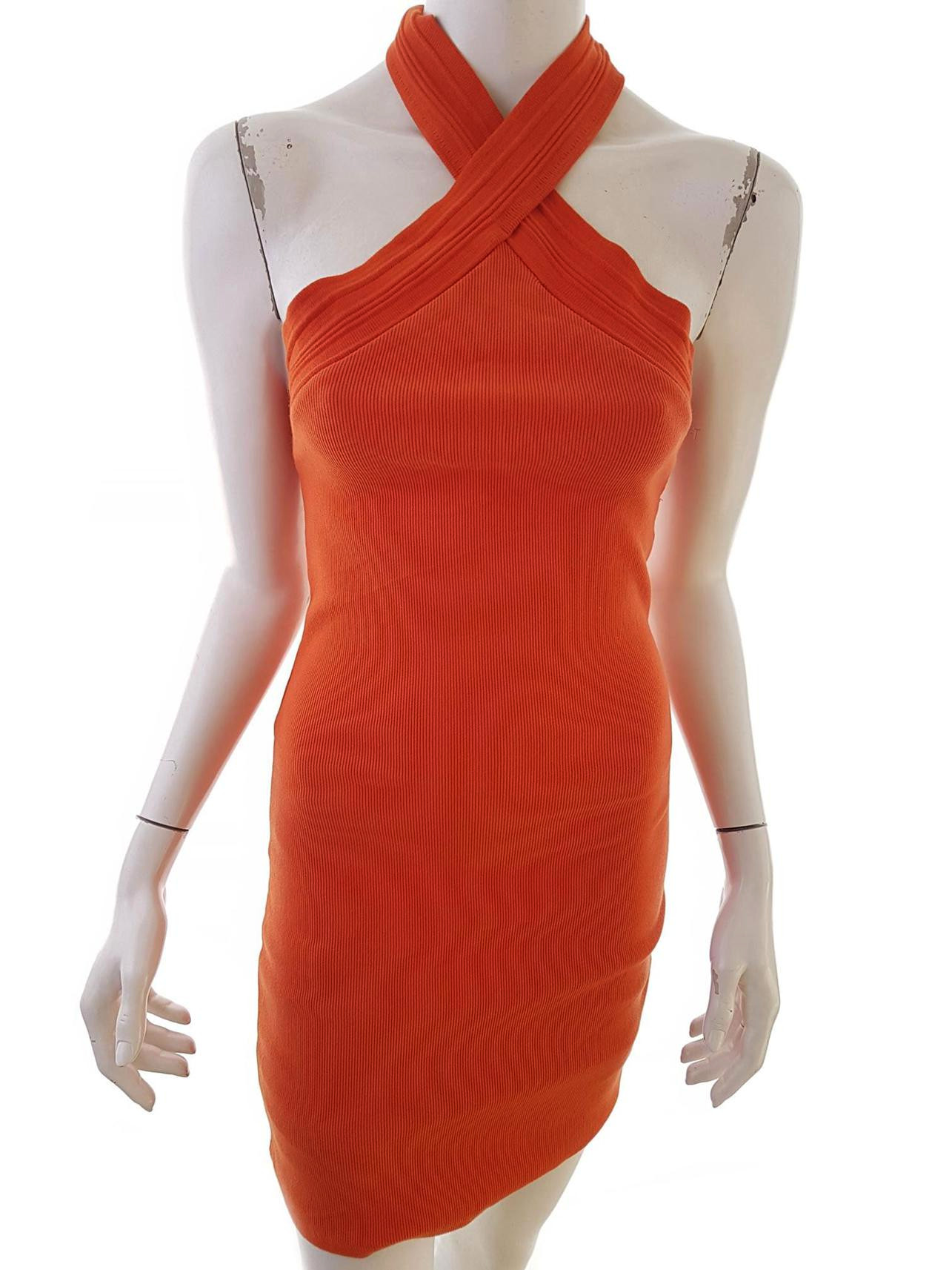 Gina Tricot Stl M Färg Orange Halter Kroppsnära Klänning Ärmlös Knälängd Material Bomull