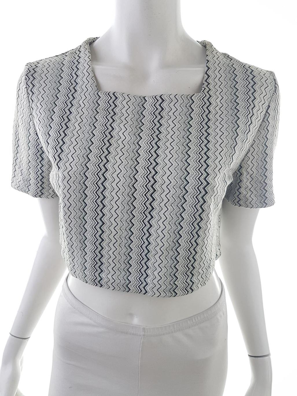 B Vintage Stl 40 Färg Grå Fiskbensmönster Kvadratisk urringning Crop Top Blus Kortärmad Material Viskos