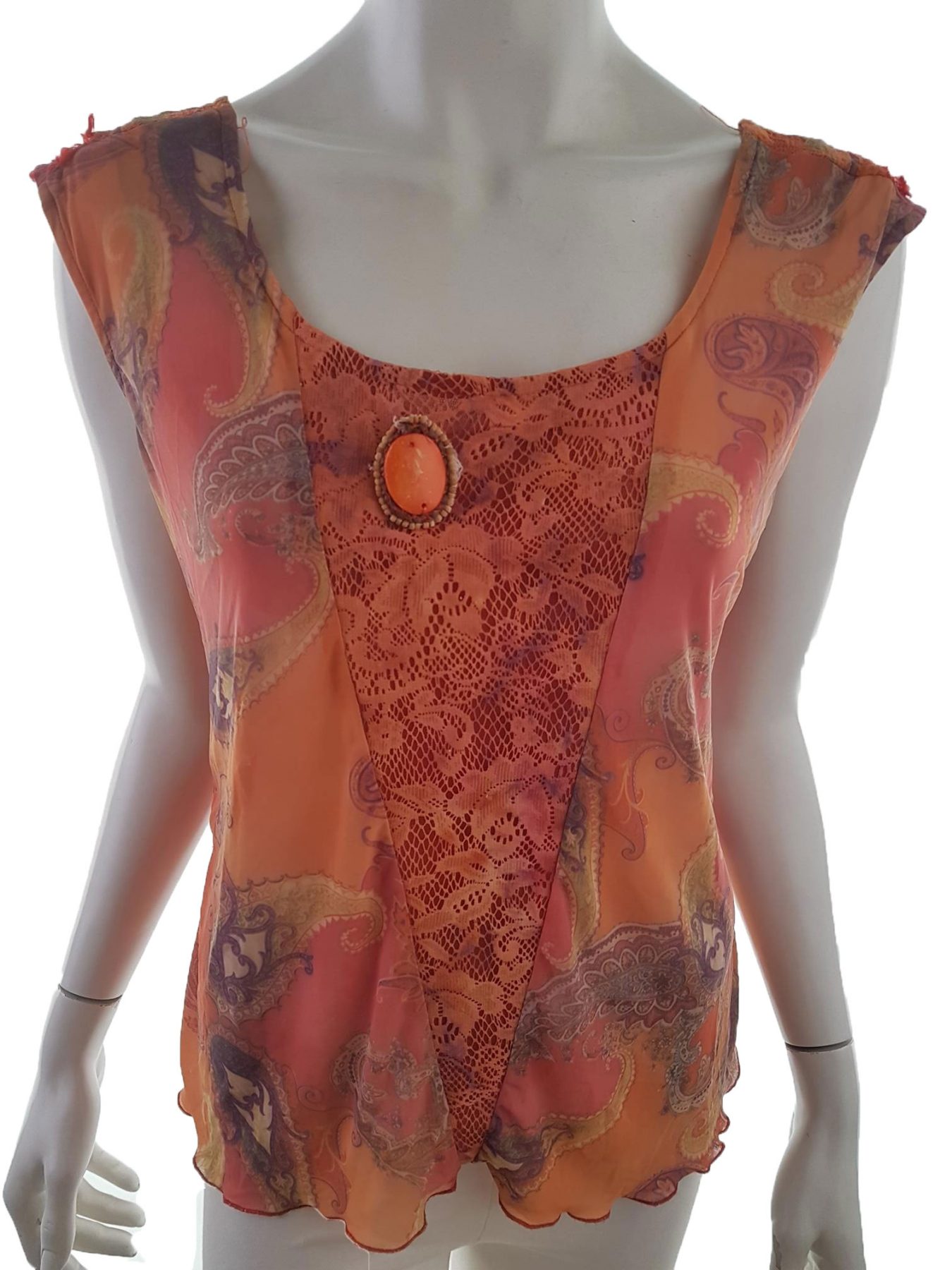 CoCoMenthe Stl 4 (L) Färg Orange Paisley Rund urringning Blus Ärmlös