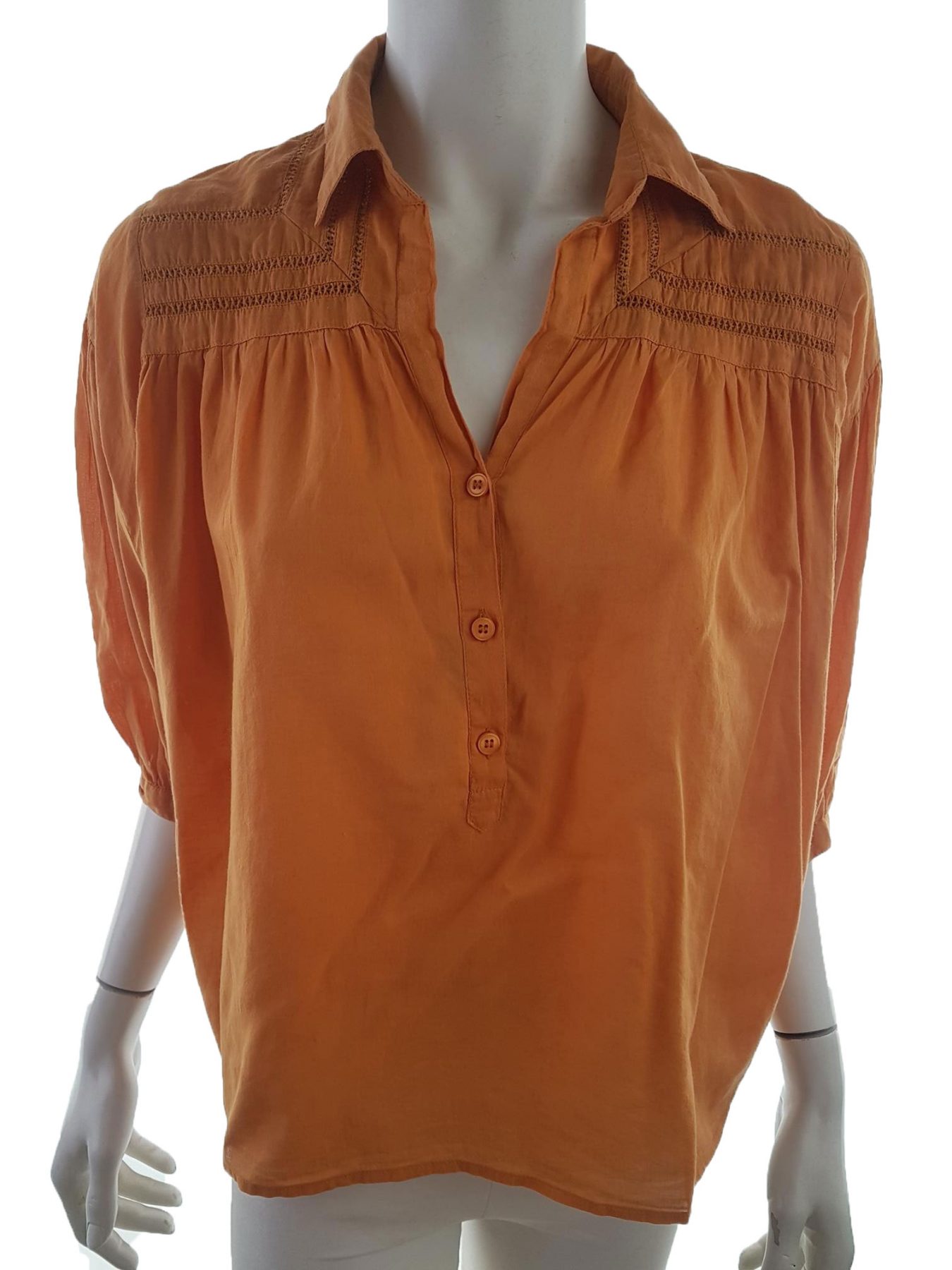 ZOUL Stl 34 Färg Orange Krage Popover Blus Knappar ärm 3/4 Material Bomull