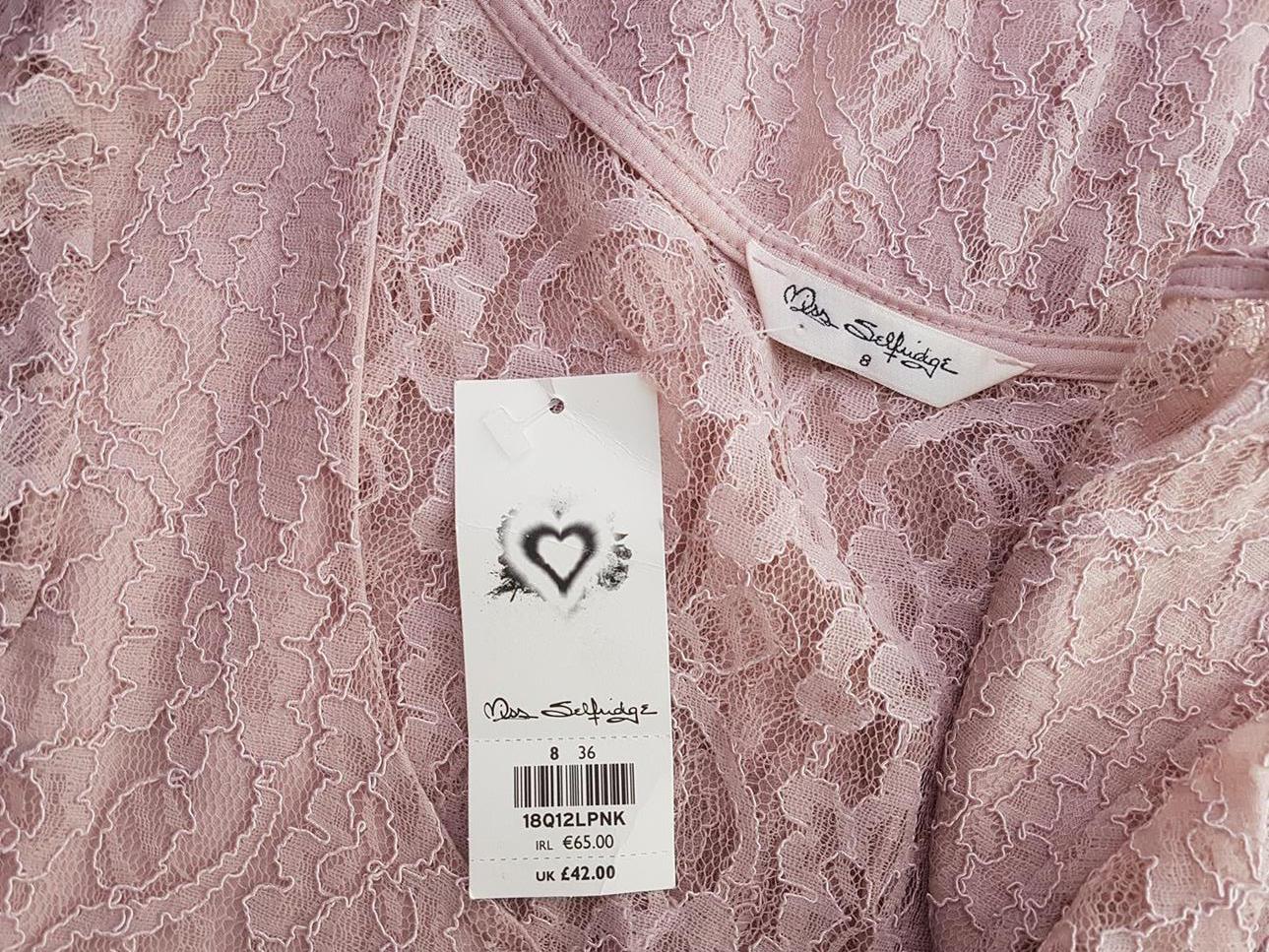 Miss selfridge Stl 36 Färg Pudrig Rosa U-ringning Mini Klänning ärm 3/4 Kort