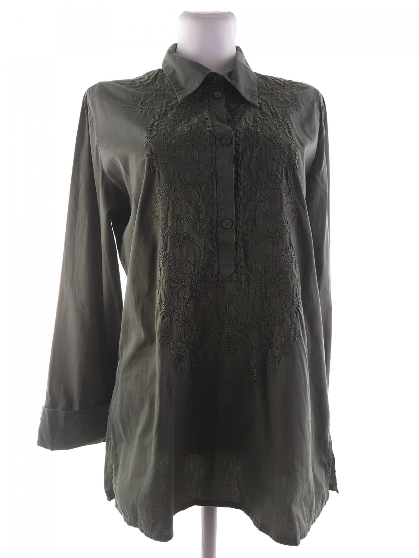 H&m Stl 42 Färg Khaki Krage Popover Tunika Blus Långärmad Material Bomull 100%