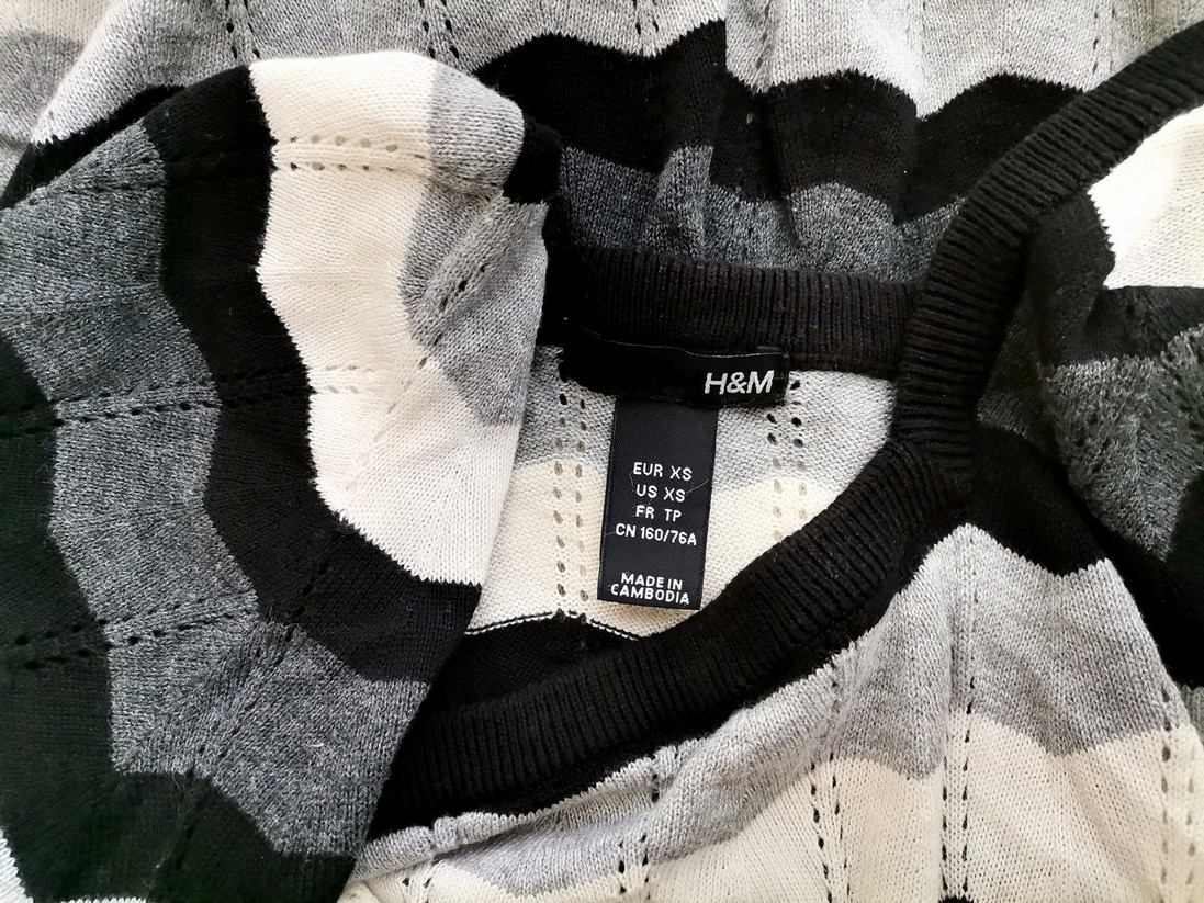 H&m Stl XS Färg Svart Fiskbensmönster Kvadratisk urringning Stickad Tunika Blus Kortärmad Material Bomull 100%