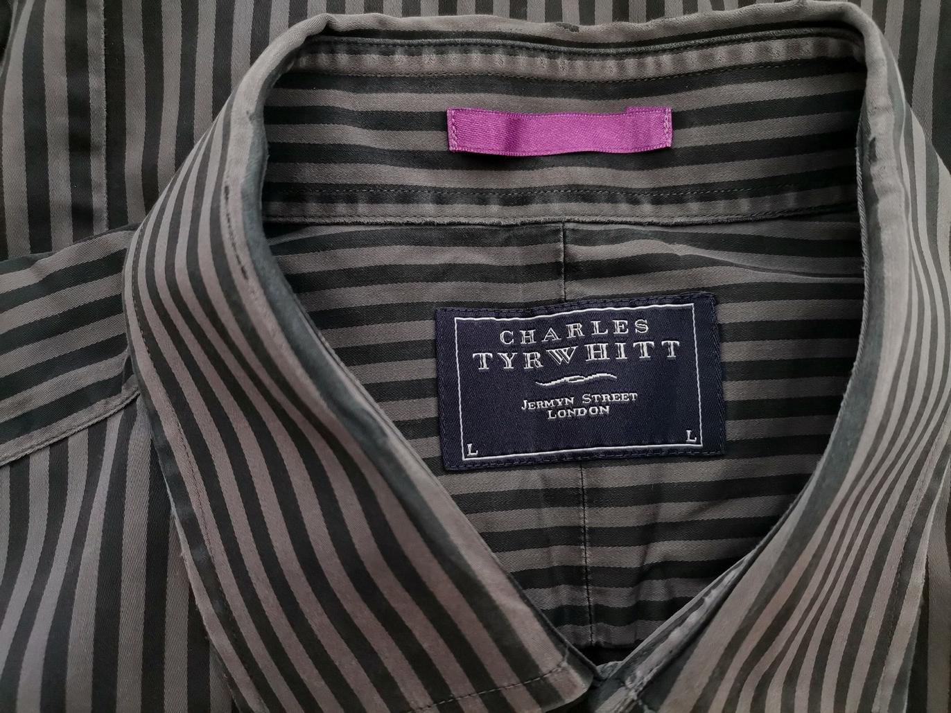 Charles Tyrwhitt Stl L Färg Grå Ränder Krage Herr skjorta, casual Långärmad Material Bomull 100%