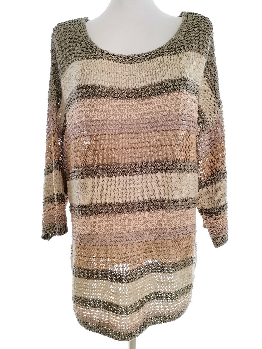 Monsoon Stl XL Färg Khaki Ränder Rund urringning Stickad Tunika Blus ärm 3/4 Material Akryl