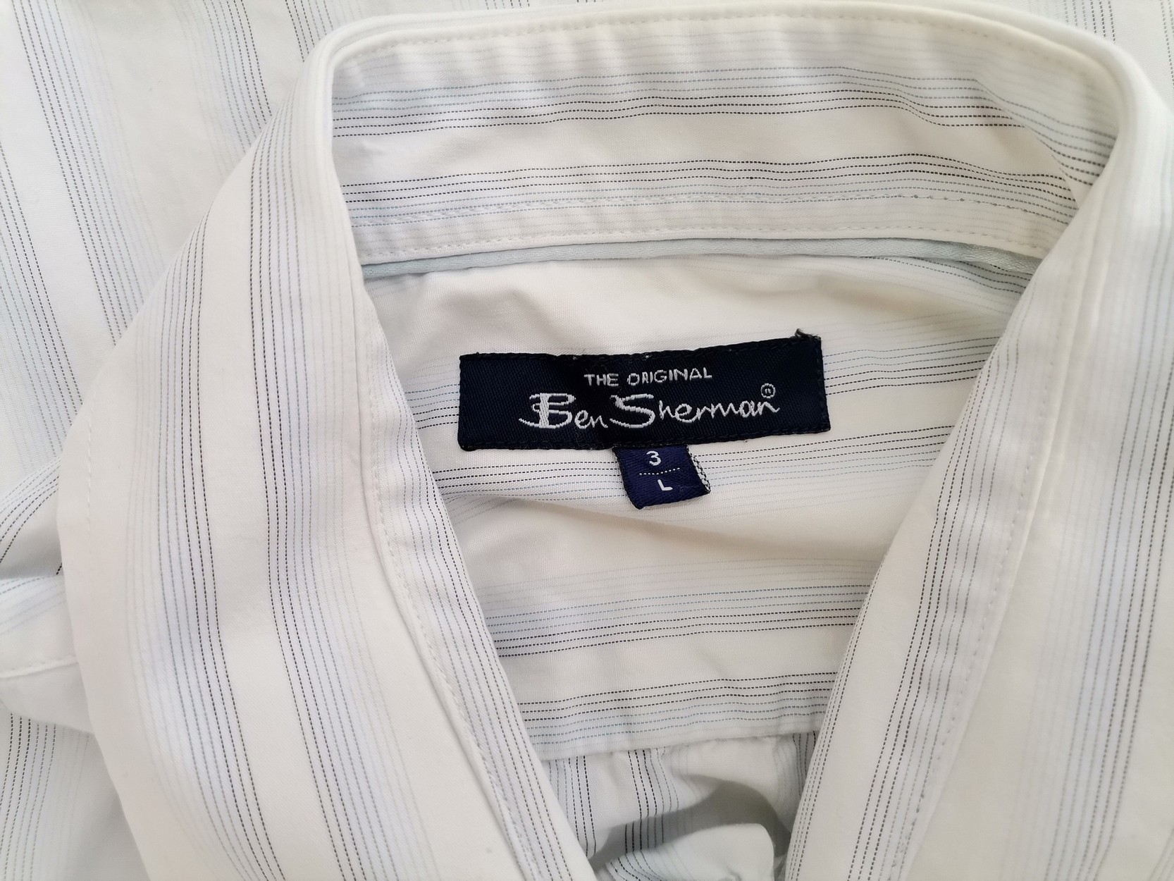 BEN SHERMAN Stl L Färg Vit Ränder Krage Herr skjorta, casual Långärmad Material Bomull 100%