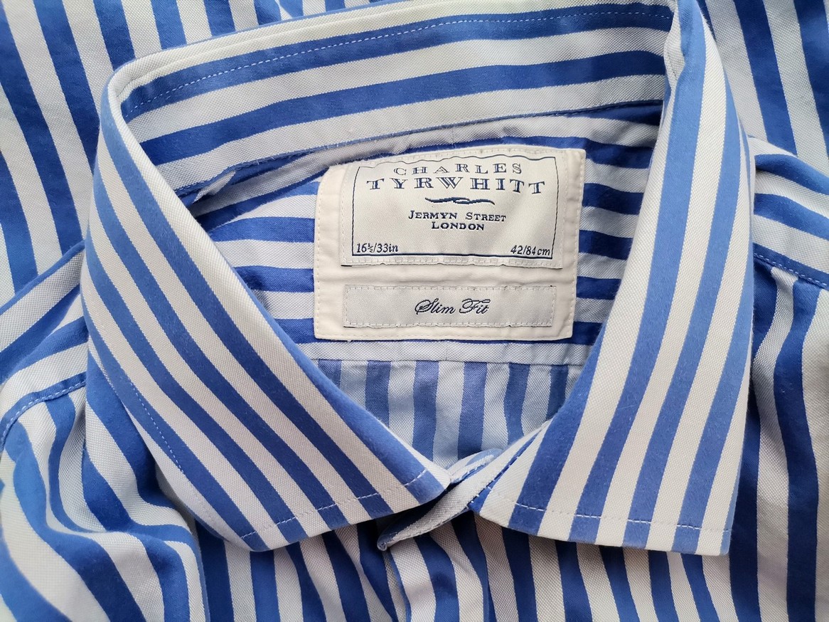 Charles Tyrwhitt Stl 16.5 (42) Färg Blå Ränder Krage Herr Skjorta, elegant Långärmad Material Bomull 100%