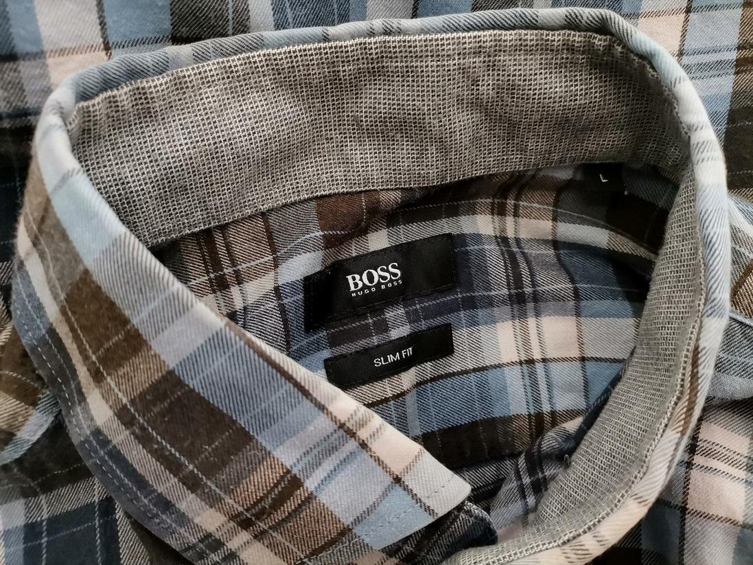 Hugo Boss Stl L Färg Blå Rutigt Krage Herr skjorta, casual Långärmad Material Bomull