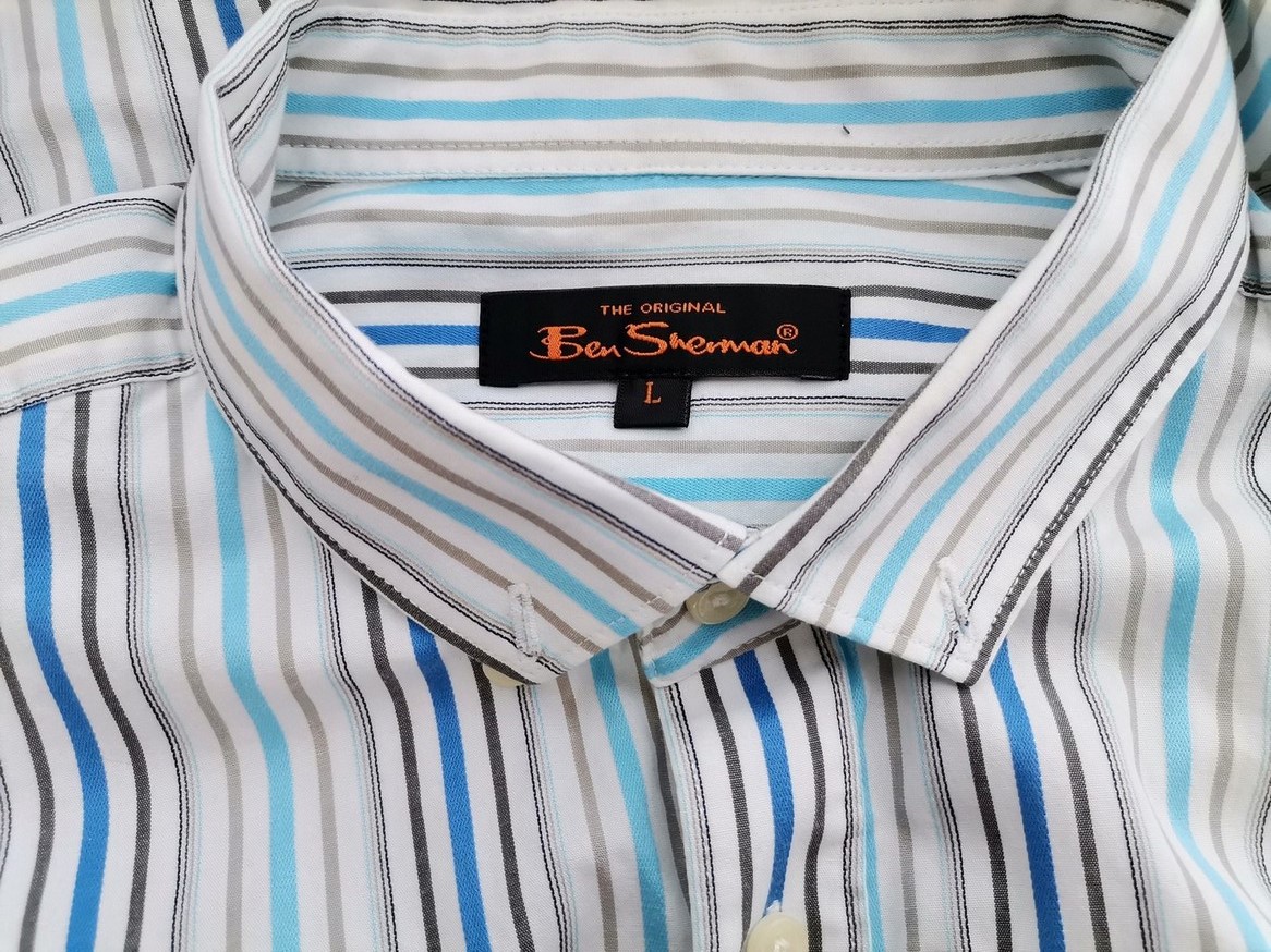 BEN SHERMAN Stl L Färg Blå Ränder Krage Herr skjorta, casual Långärmad Material Bomull 100%