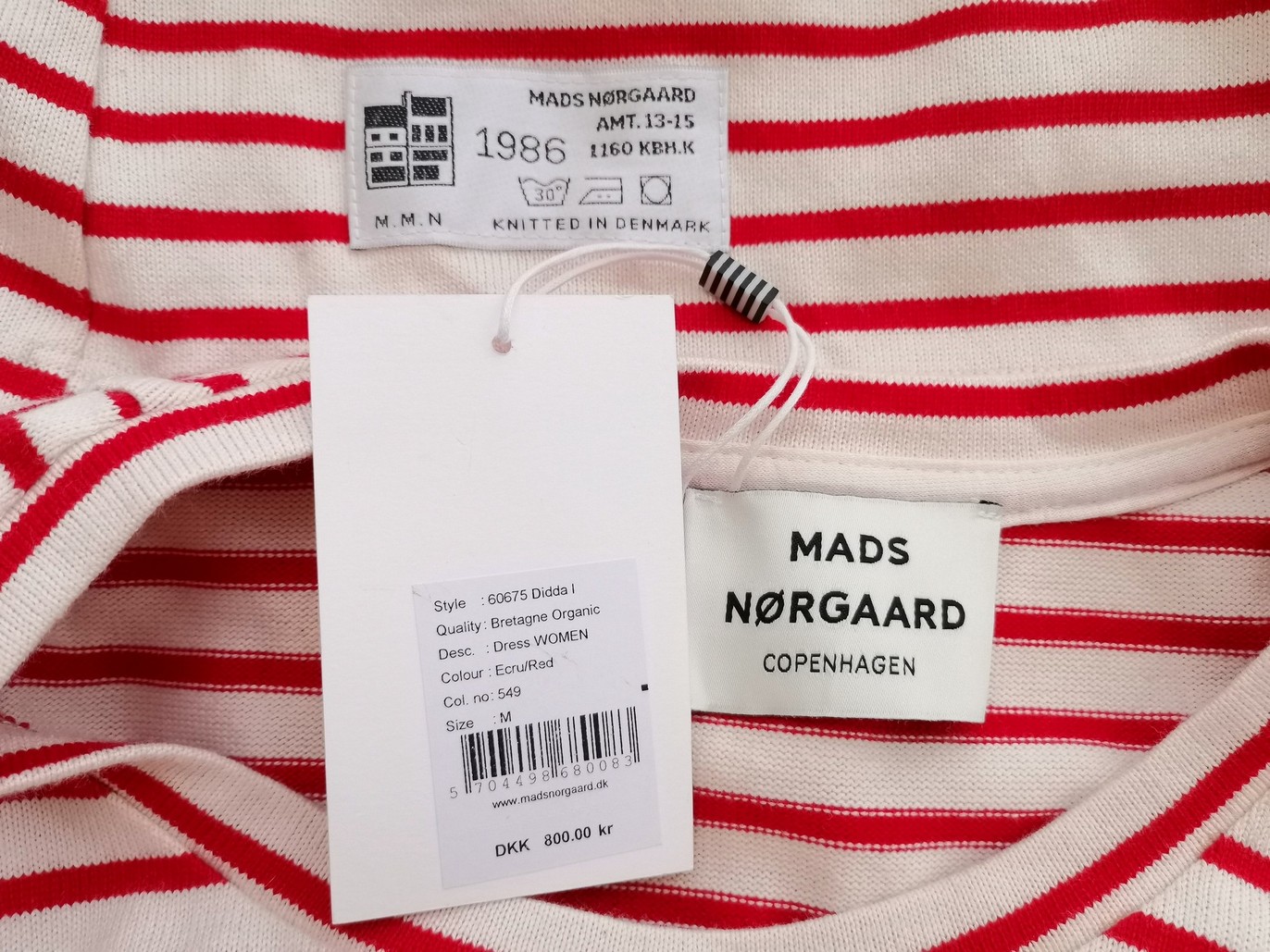 Mads Norgaard Copenhagen Stl M Färg Elfenben Ränder Rund urringning Raka Klänningen Långärmad Knälängd Material Ekologisk bomull 100%