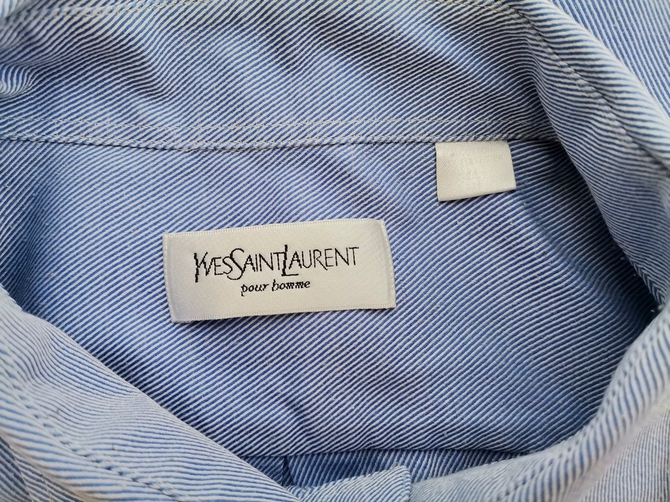 Yves Saint Laurent Stl 44 Färg Blå Ränder Krage Herr Skjorta, elegant Kortärmad Material Bomull