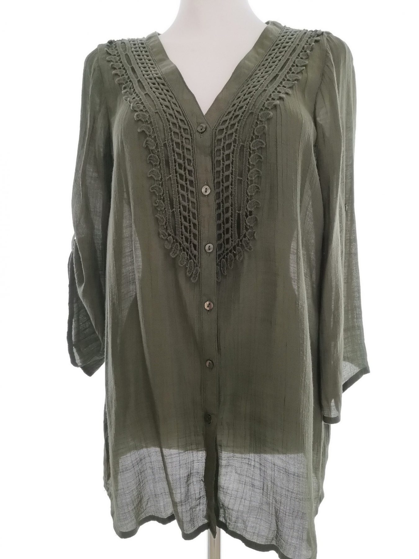 Spense Stl S Färg Khaki V-ringning Knäppt Tunika Blus ärm 3/4 Material Rayon