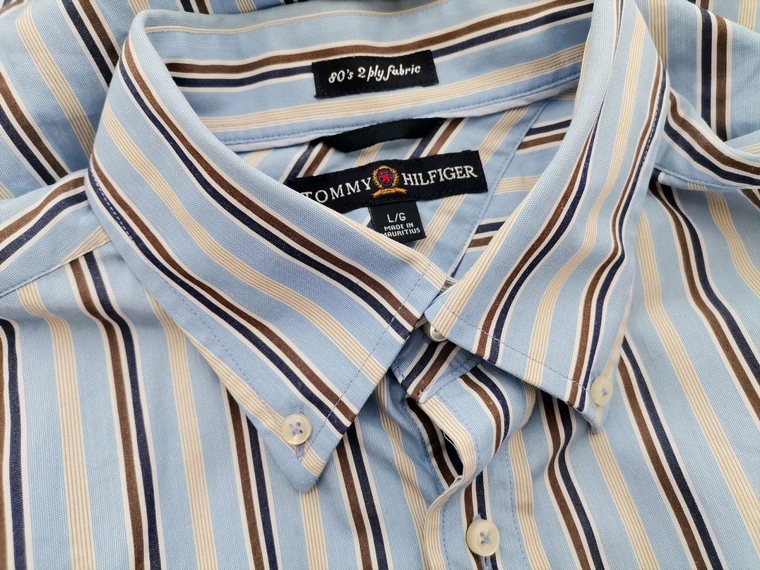 Tommy hilfiger Stl L Färg Blå Ränder Krage Herr skjorta, casual Långärmad