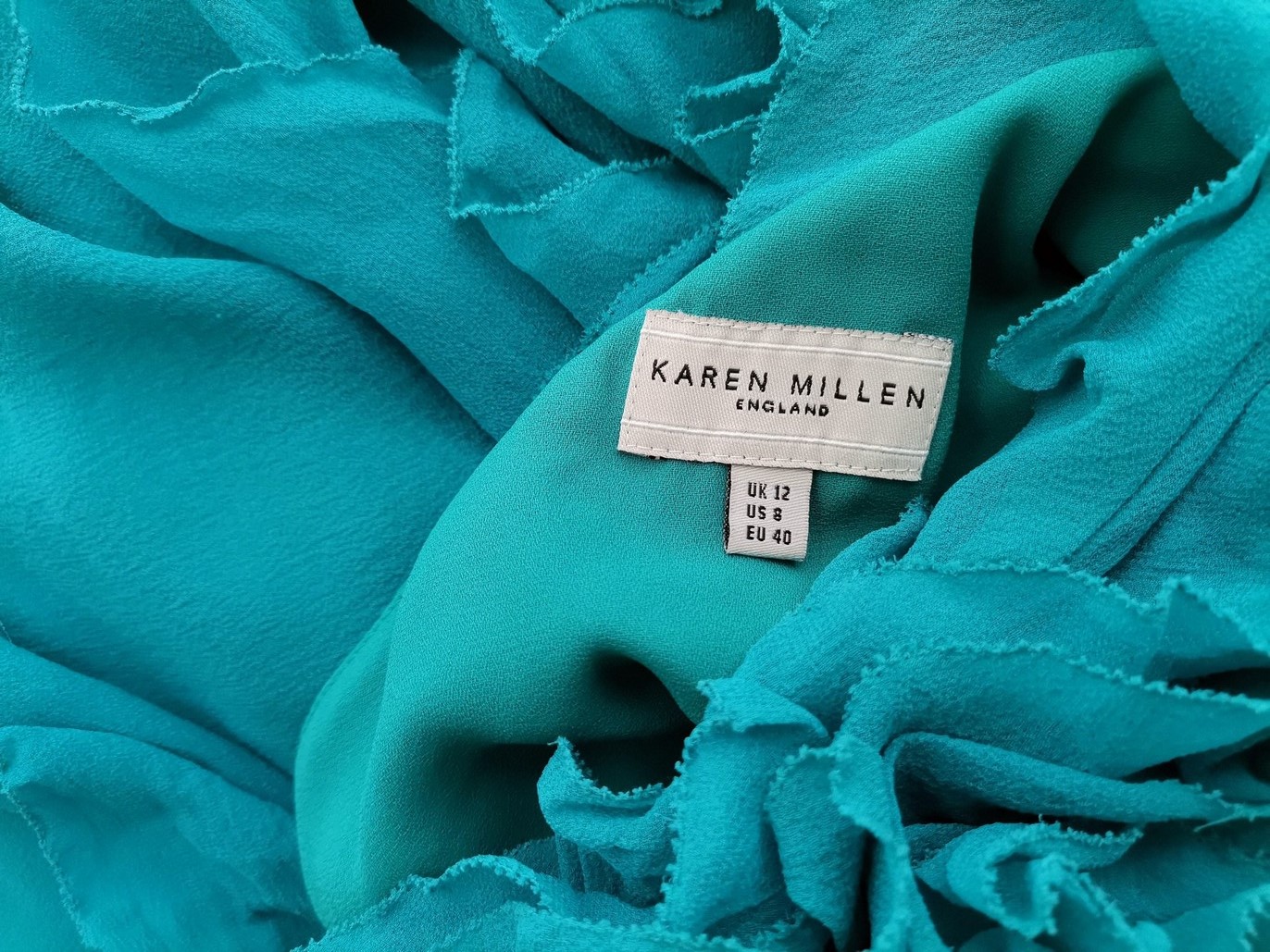 Karen MILLEN Stl 12 (40) Färg Turkos Enaxlad Balklänning Afton Klänning Ärmlös Knälängd Material Siden 100%