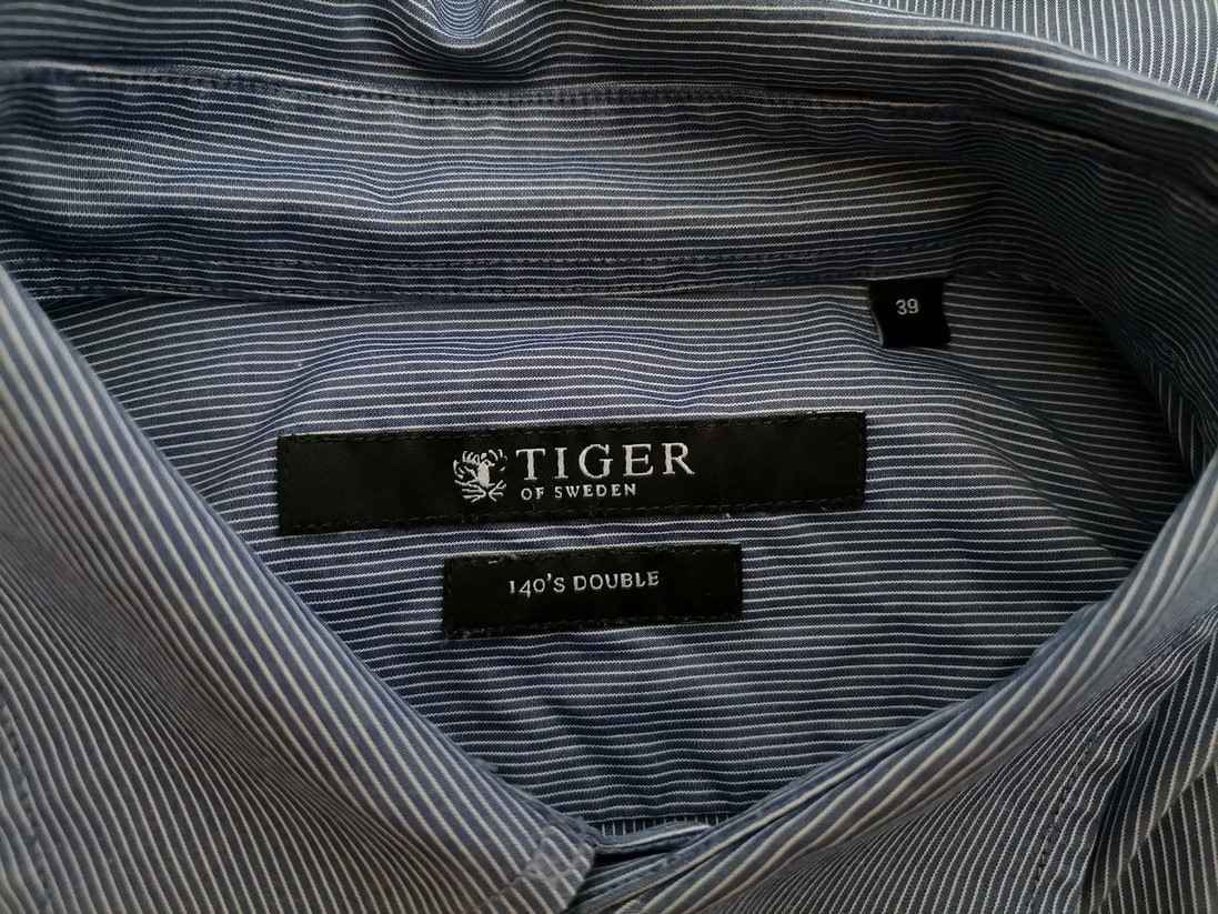 Tiger of Sweden Stl 39 Färg Blå Ränder Krage Herr Skjorta, elegant Långärmad Material Bomull 100%