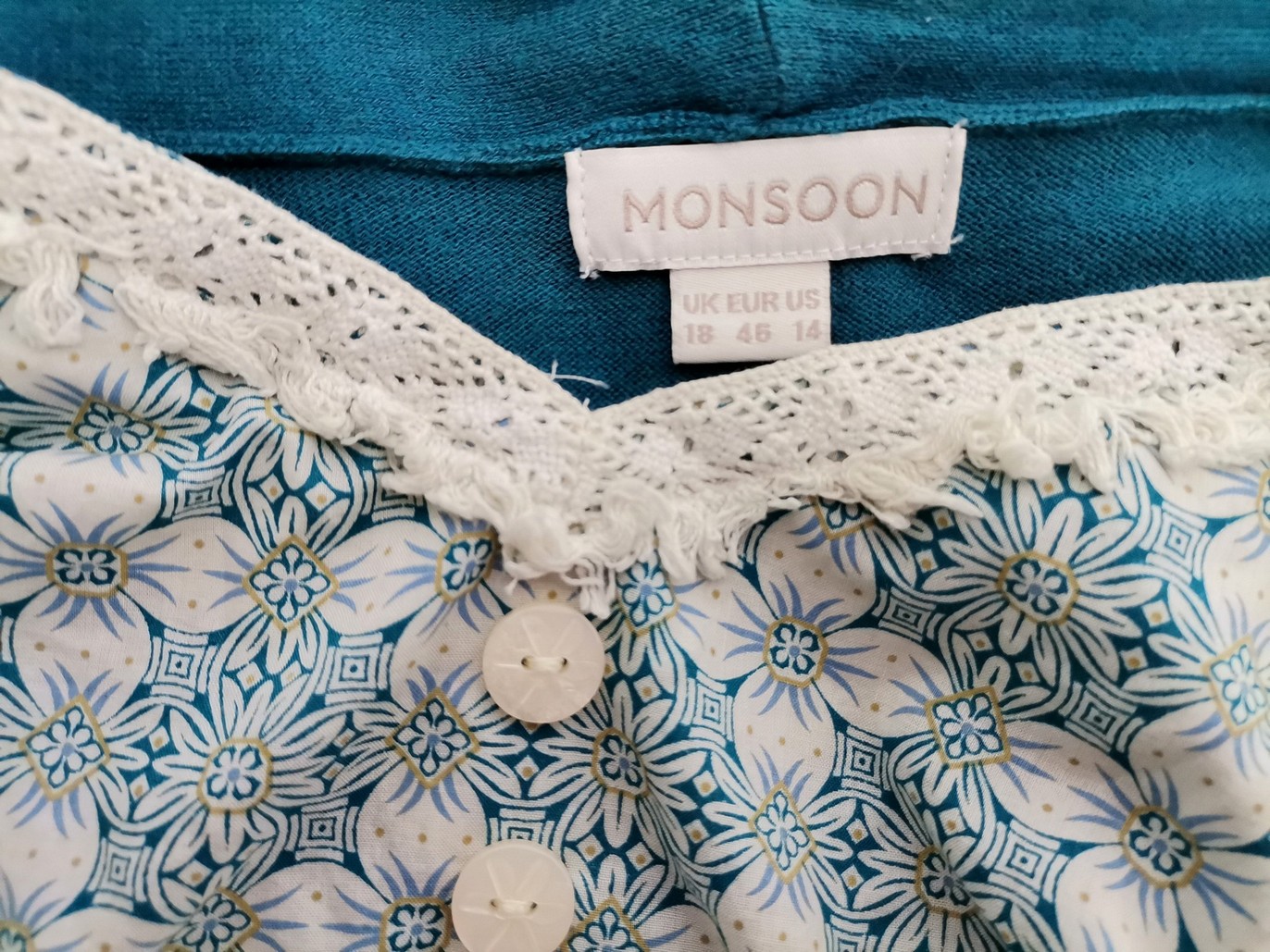 Monsoon Stl 18 (46) Färg Turkos Hjärtformad Blus Kortärmad Material Bomull 100%