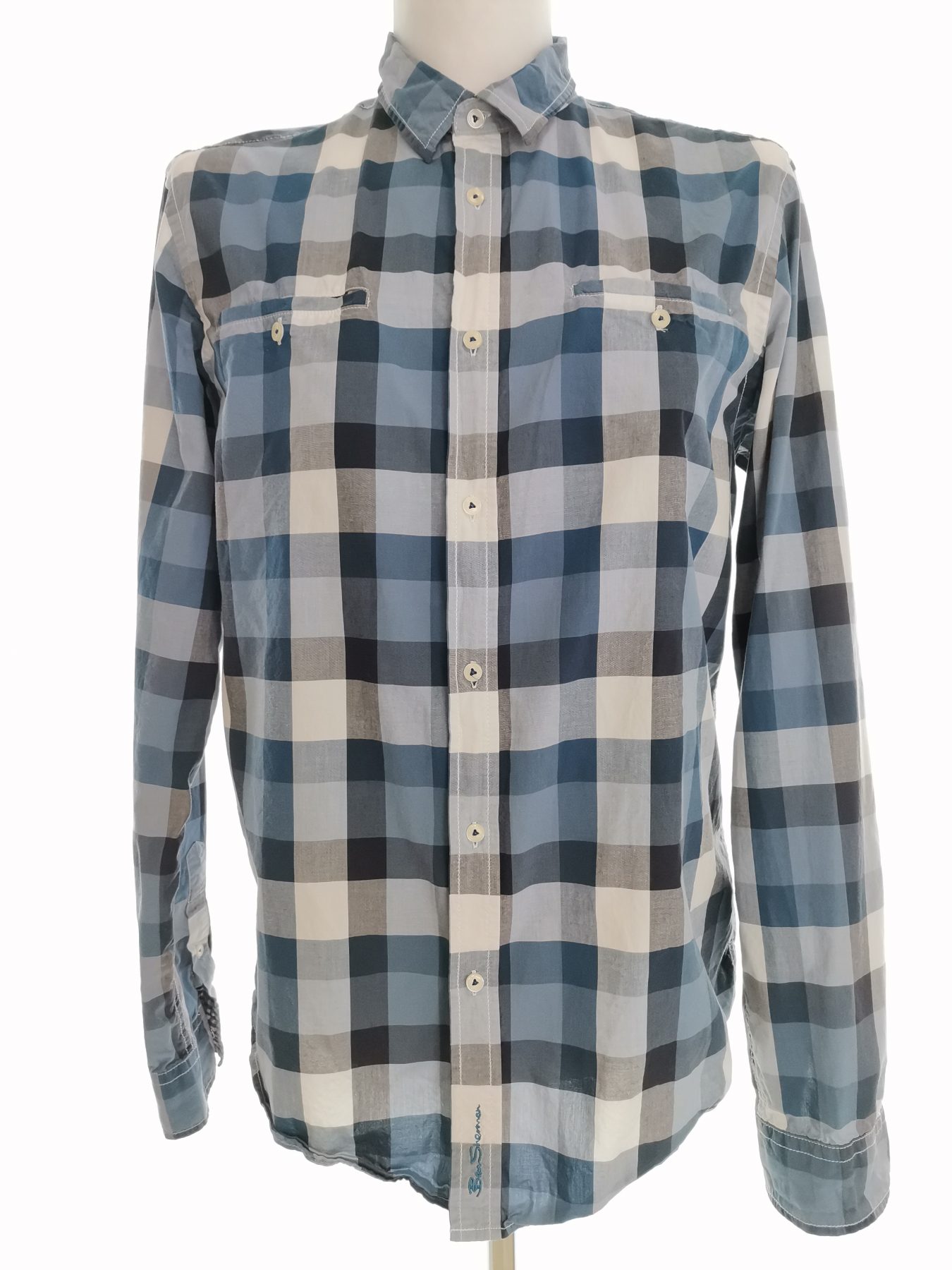 BEN SHERMAN Stl XL Färg Blå Rutigt Krage Herr skjorta, casual Långärmad Material Bomull 100%