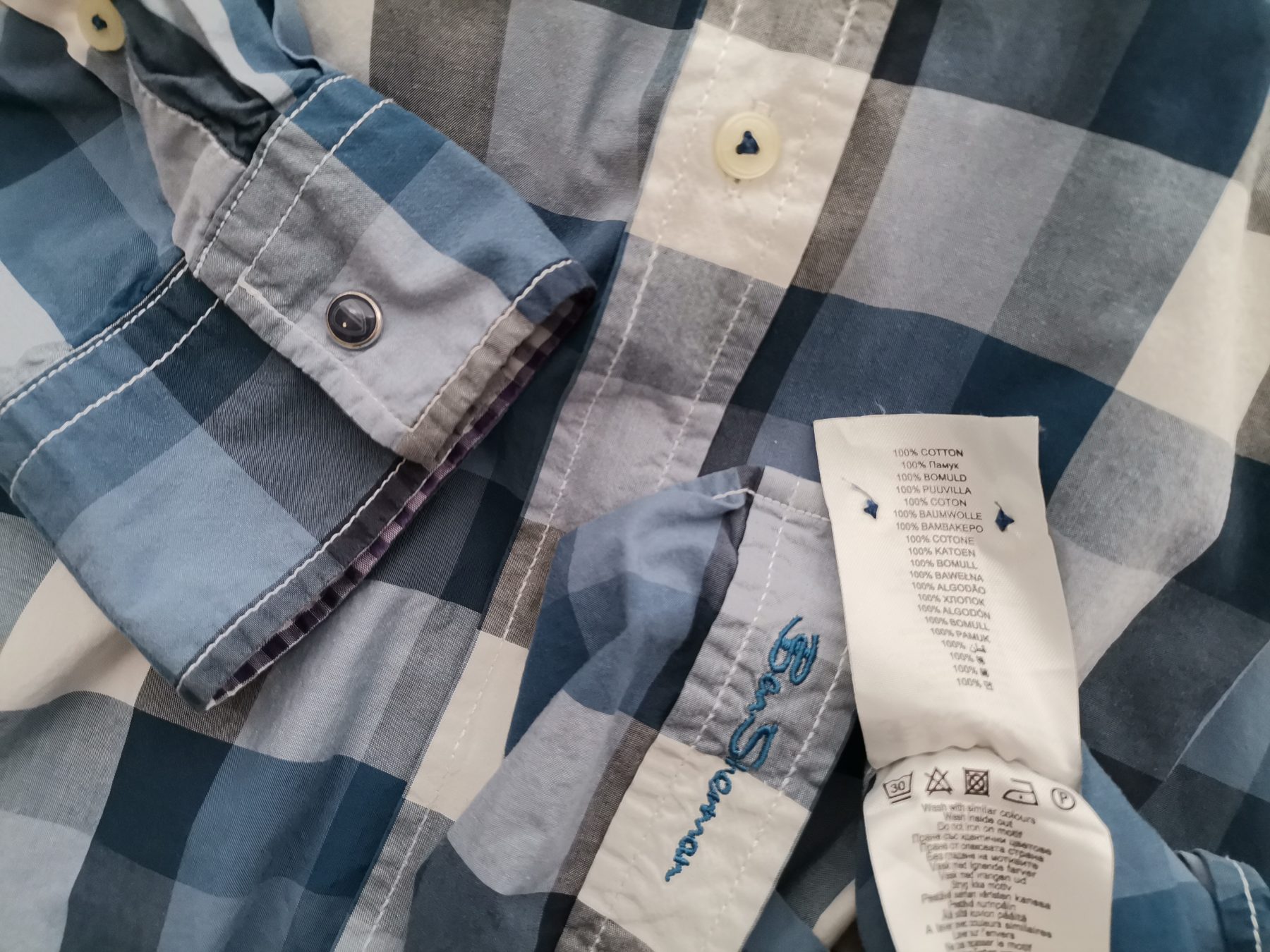 BEN SHERMAN Stl XL Färg Blå Rutigt Krage Herr skjorta, casual Långärmad Material Bomull 100%