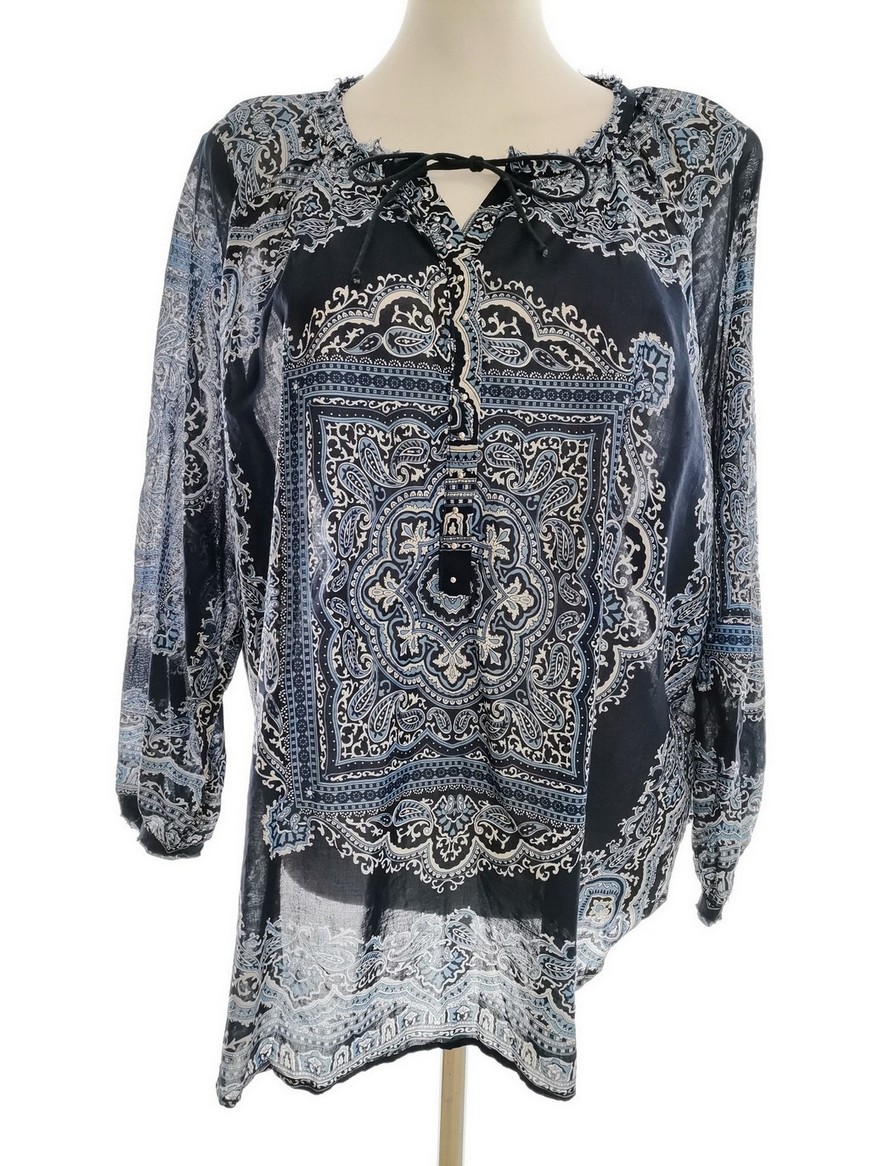 Carla F Stl S Färg Marinblå Damast Paisley Keyhole Crew Neck Blus ärm 3/4 Material Bomull 100%