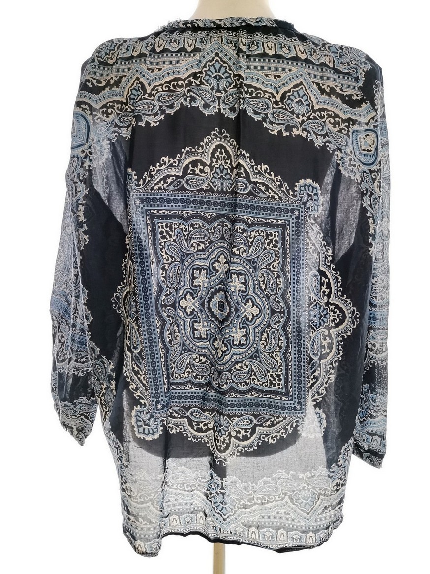 Carla F Stl S Färg Marinblå Damast Paisley Keyhole Crew Neck Blus ärm 3/4 Material Bomull 100%