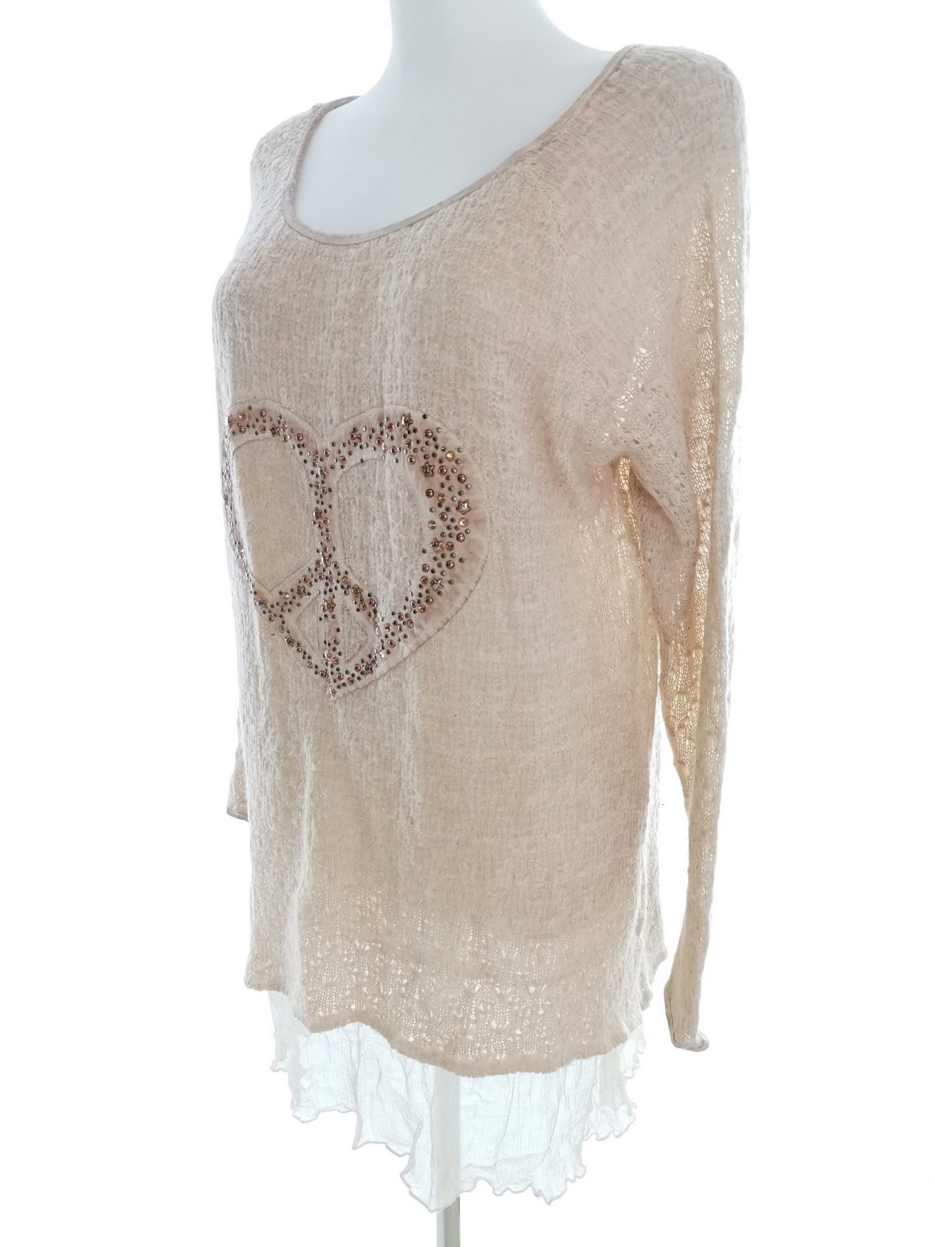 Vintage Stl M/L Färg Beige Rund urringning Tunika blus Långärmad Material Siden 100%