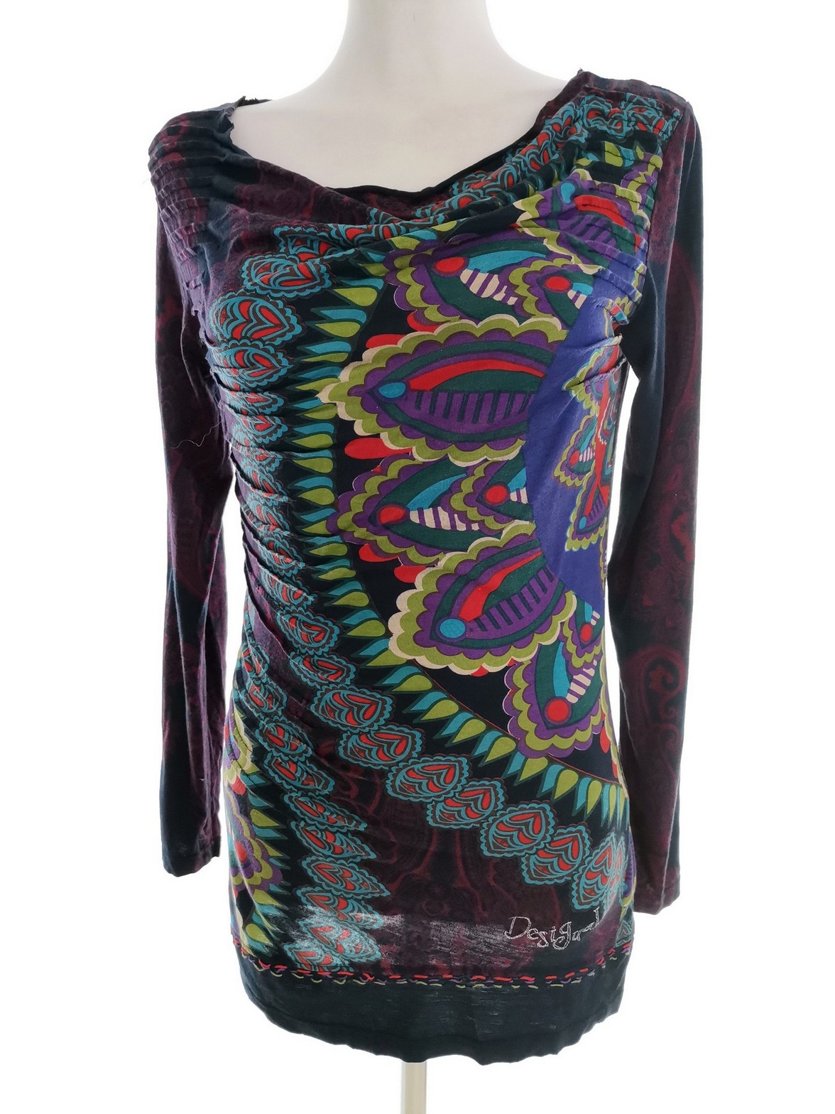 DESIGUAL Stl S Färg Marinblå Paisley Draperad Tunika blus Långärmad Material Viskos