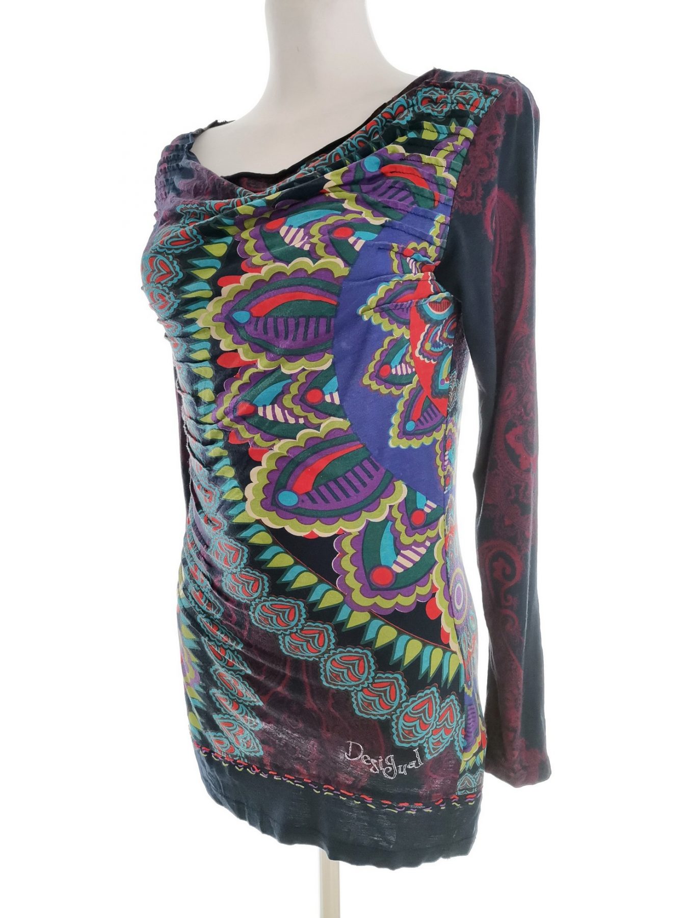 DESIGUAL Stl S Färg Marinblå Paisley Draperad Tunika blus Långärmad Material Viskos