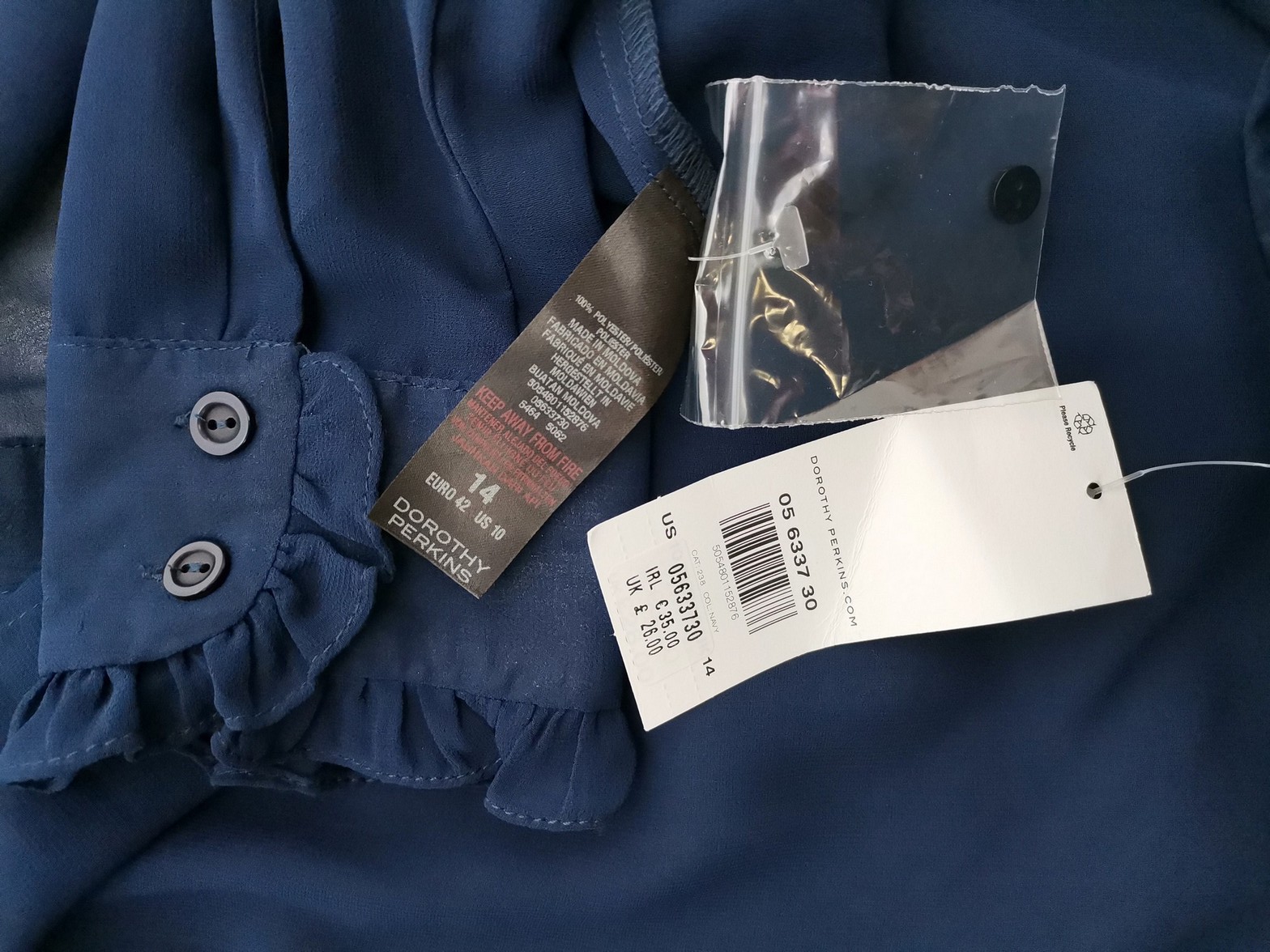 Dorothy perkins Stl 10 (42) Färg Marinblå Krage Knäppt Skjort Blus Långärmad