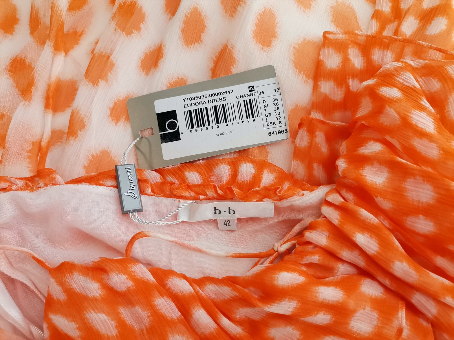 b by bessini Stl 36 Färg Orange Prickar Rund urringning Raka Klänningen Ärmlös Midi Material Siden 100%