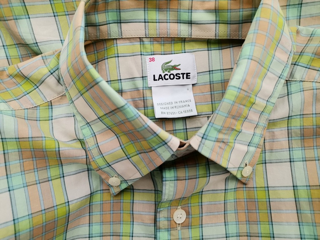 Lacoste Stl 38 Färg Grön Rutigt Krage Herr Skjorta, elegant Kortärmad Material Bomull 100%