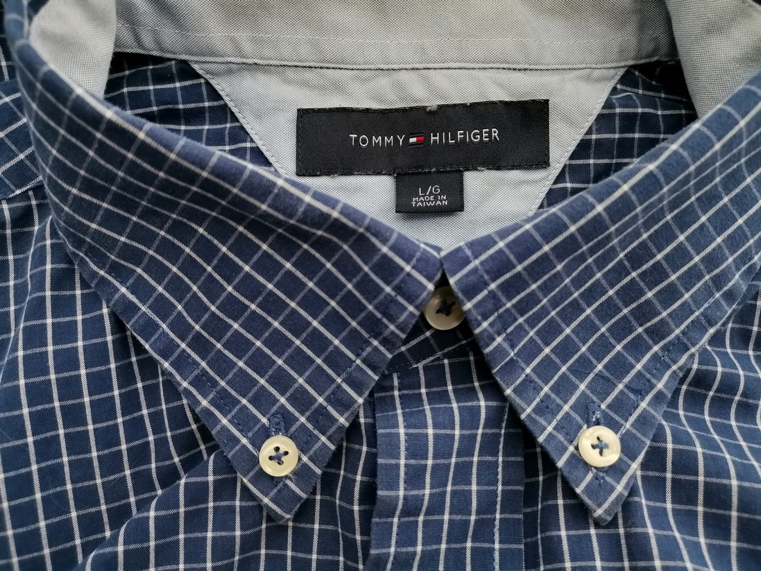 Tommy hilfiger Stl L Färg Marinblå Rutigt Krage Herr skjorta, casual Kortärmad Material Bomull 100%