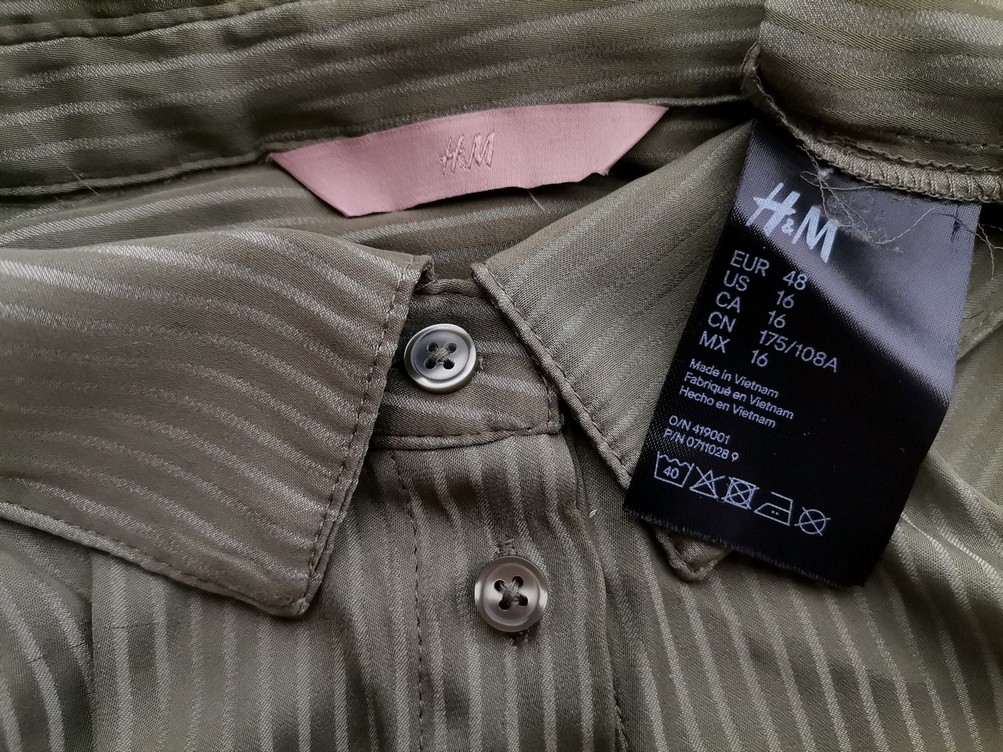 H&m Stl 48 Färg Khaki Ränder Krage Knäppt Skjort Blus Långärmad