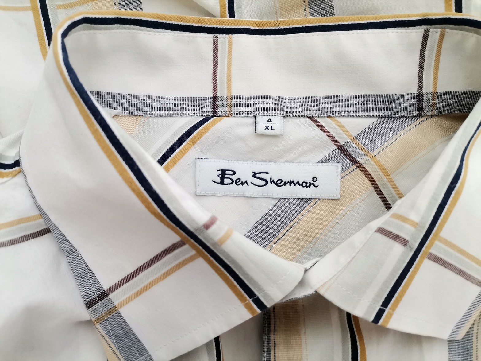 BEN SHERMAN Stl 4 (XL) Färg Elfenben Rutigt Krage Herr skjorta, casual Kortärmad