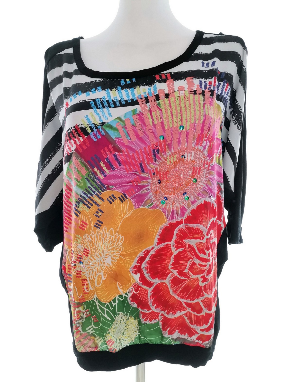 DESIGUAL Stl XL Färg Svart Ränder Rund urringning Blus ärm 3/4 Material Viskos