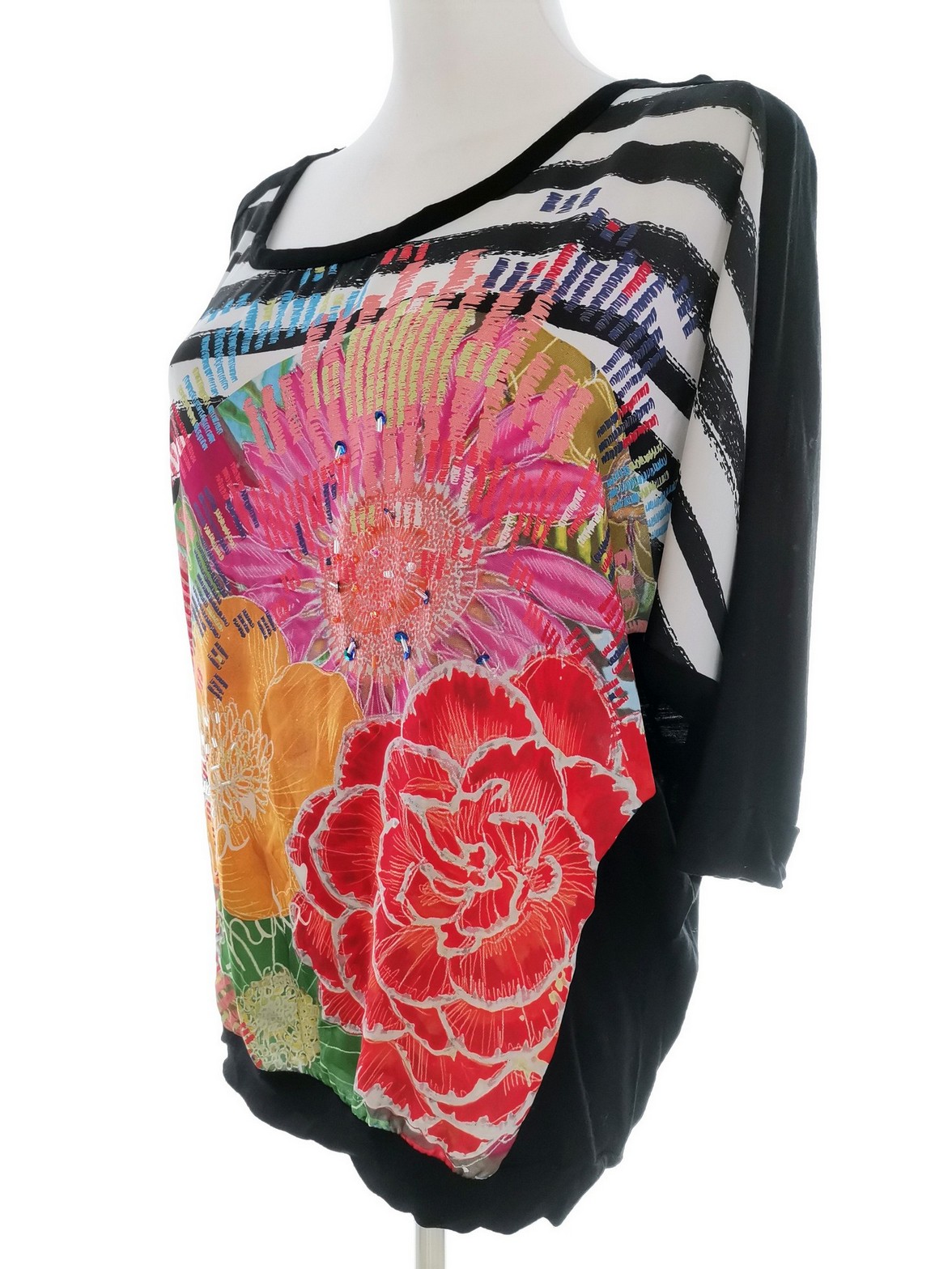 DESIGUAL Stl XL Färg Svart Ränder Rund urringning Blus ärm 3/4 Material Viskos