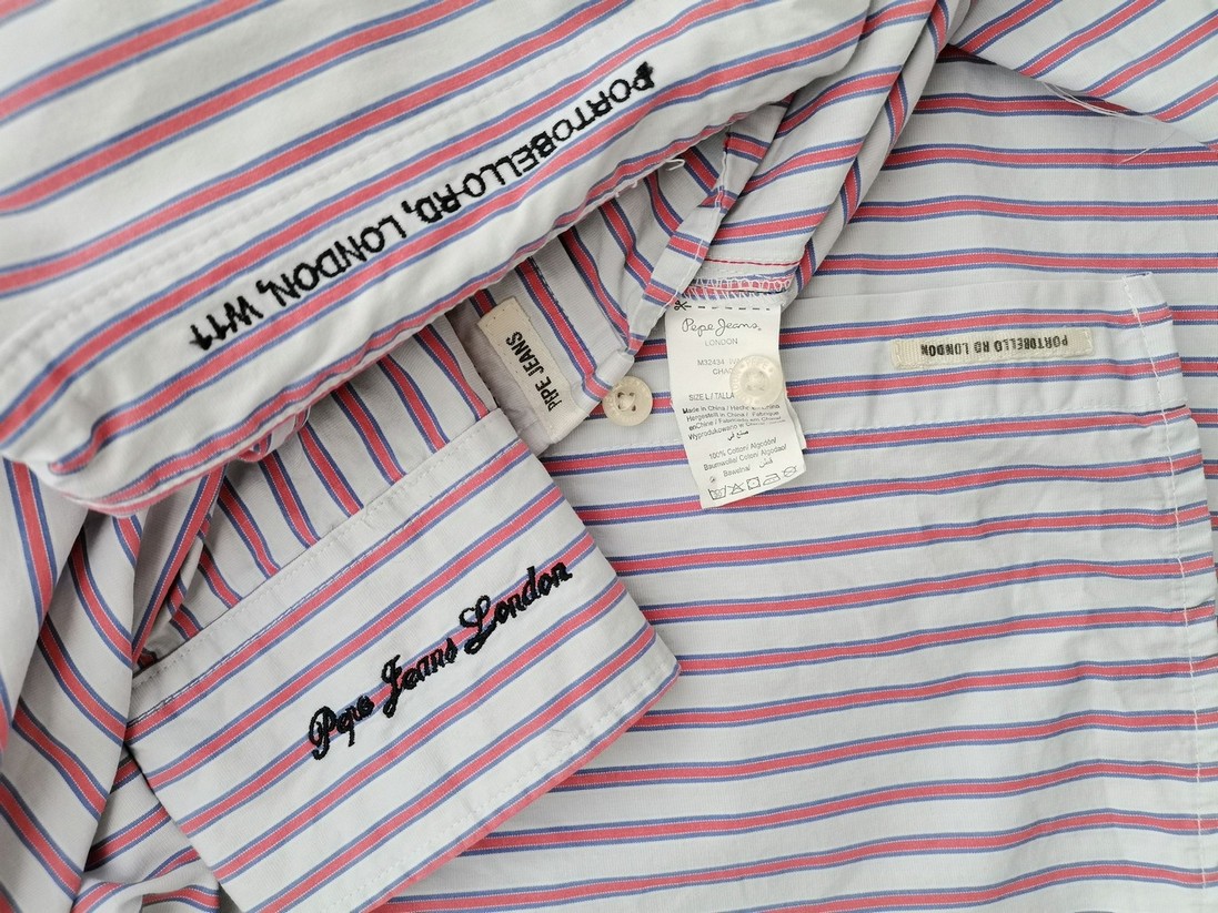 Pepe jeans Stl L Färg Blå Ränder Krage Herr skjorta, casual Långärmad Material Bomull 100%