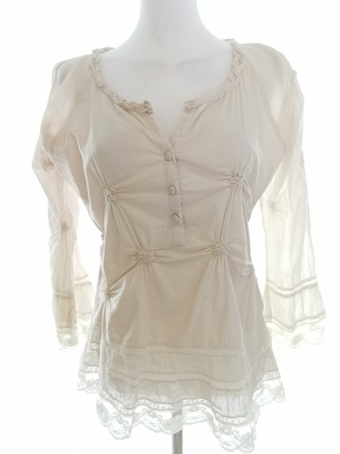 Cream Stl 36 Färg Elfenben Split Crew Neck Peplum Blus Långärmad