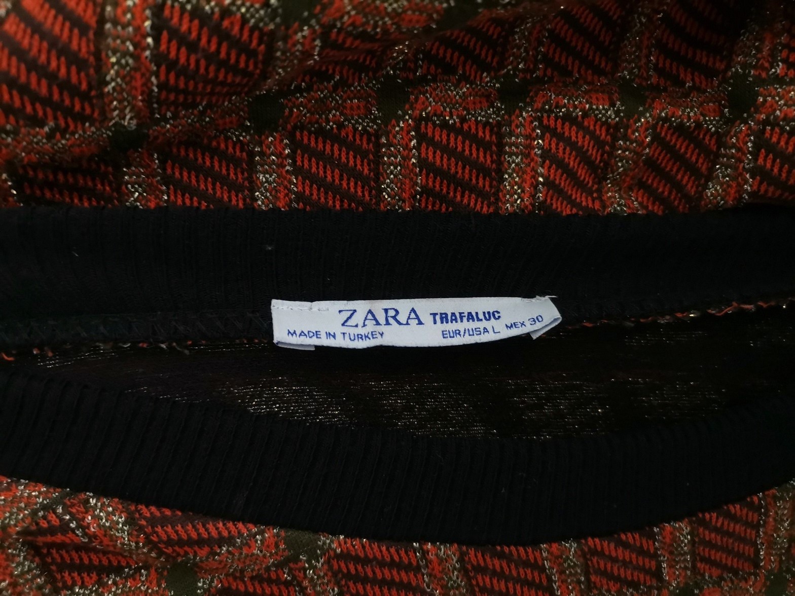 Zara Stl L Färg Orange Rutigt Rund urringning Stickad Klänning Kortärmad Knälängd