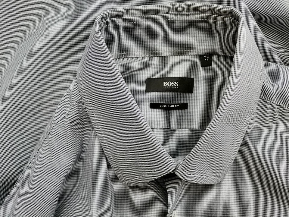 Hugo Boss Stl 17 (43) Färg Blå Rutigt Krage Herr Skjorta, elegant Långärmad Material Bomull 100%