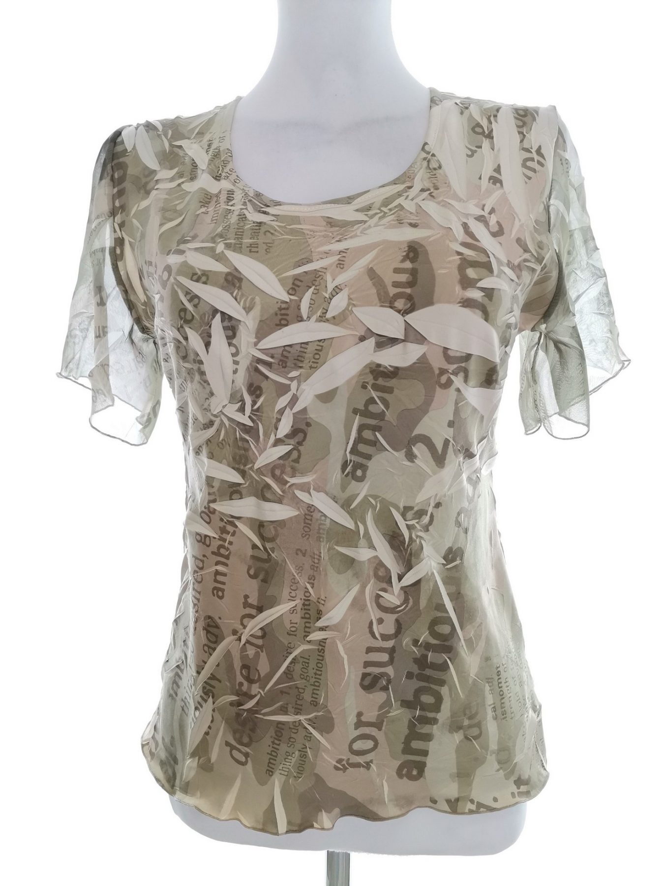 2 Biz Stl M Färg Khaki Floral Blad Rund urringning Blus Kortärmad