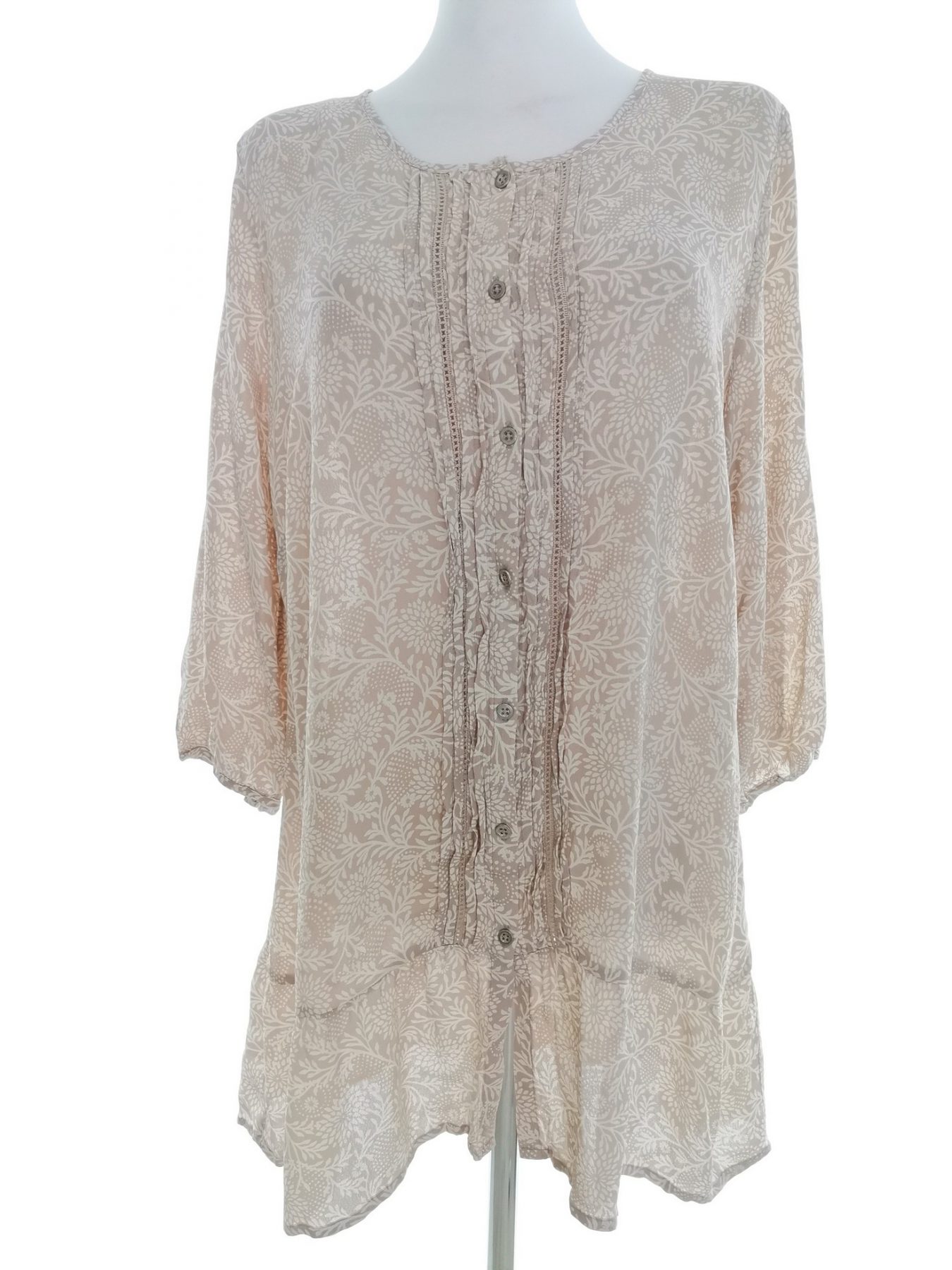 BONMARCHE Stl 16 (44) Färg Beige Floral Blad Rund urringning Knäppt Tunika Blus ärm 3/4 Material Viskos 100%