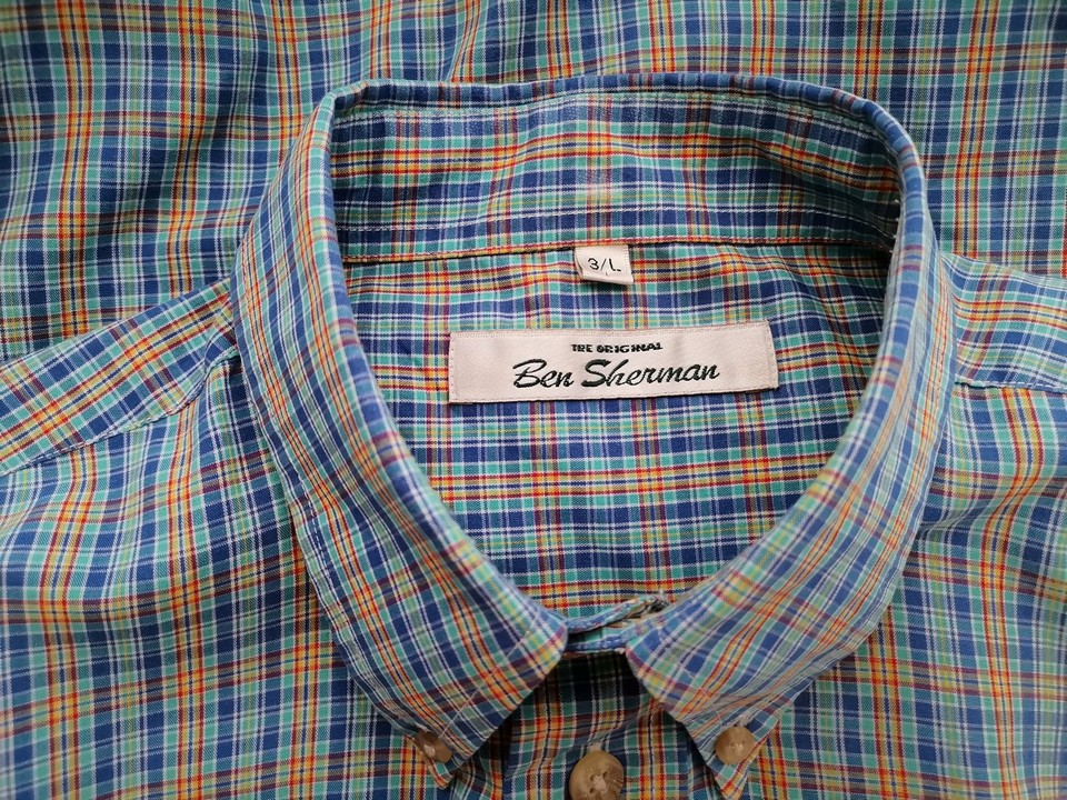 BEN SHERMAN Stl 3 (L) Färg Blå Rutigt Krage Herr skjorta, casual Långärmad